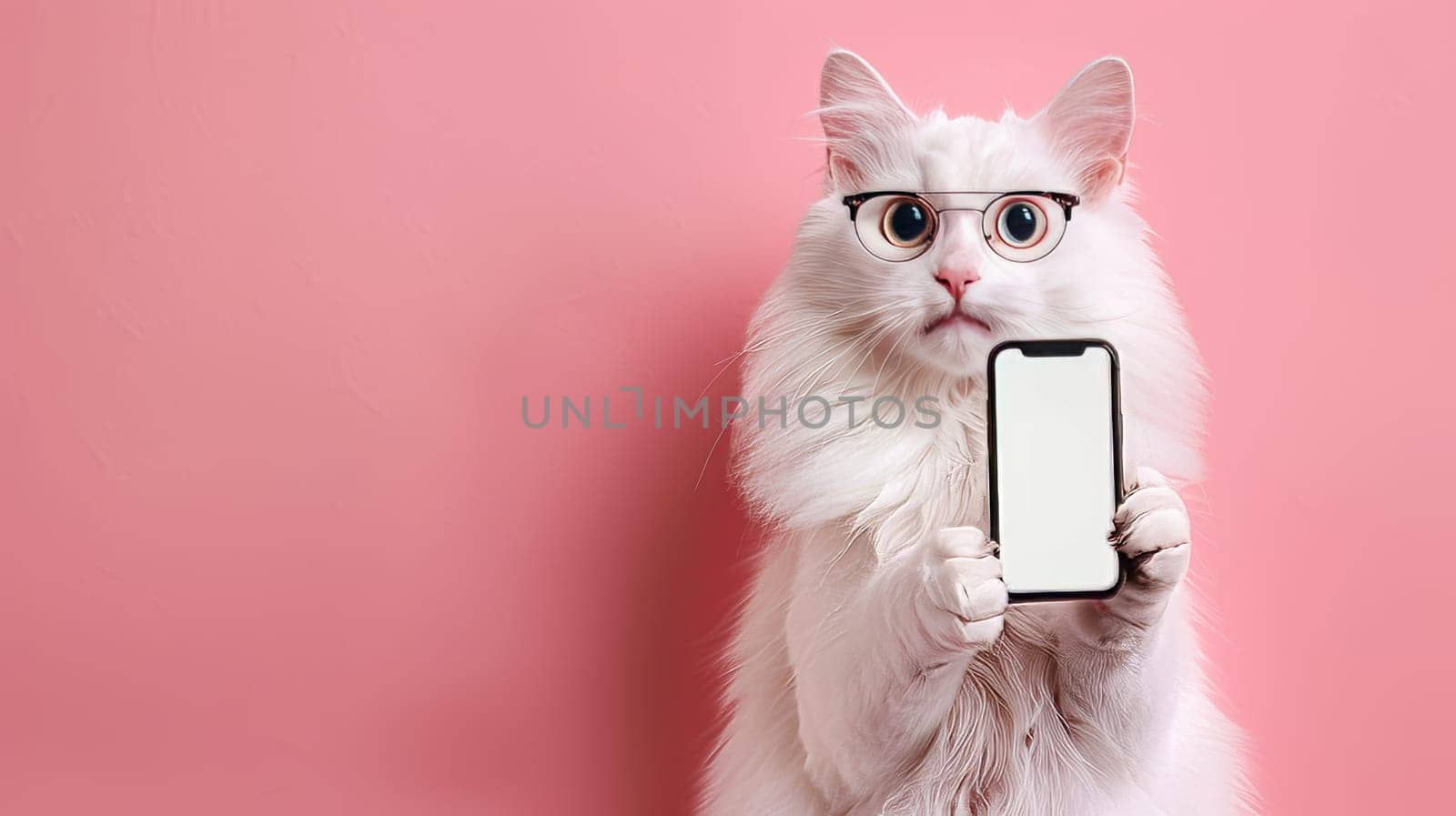 White Fluffy Cat with Eyeglasses Holds Smartphone with Empty Screen on Pink Background