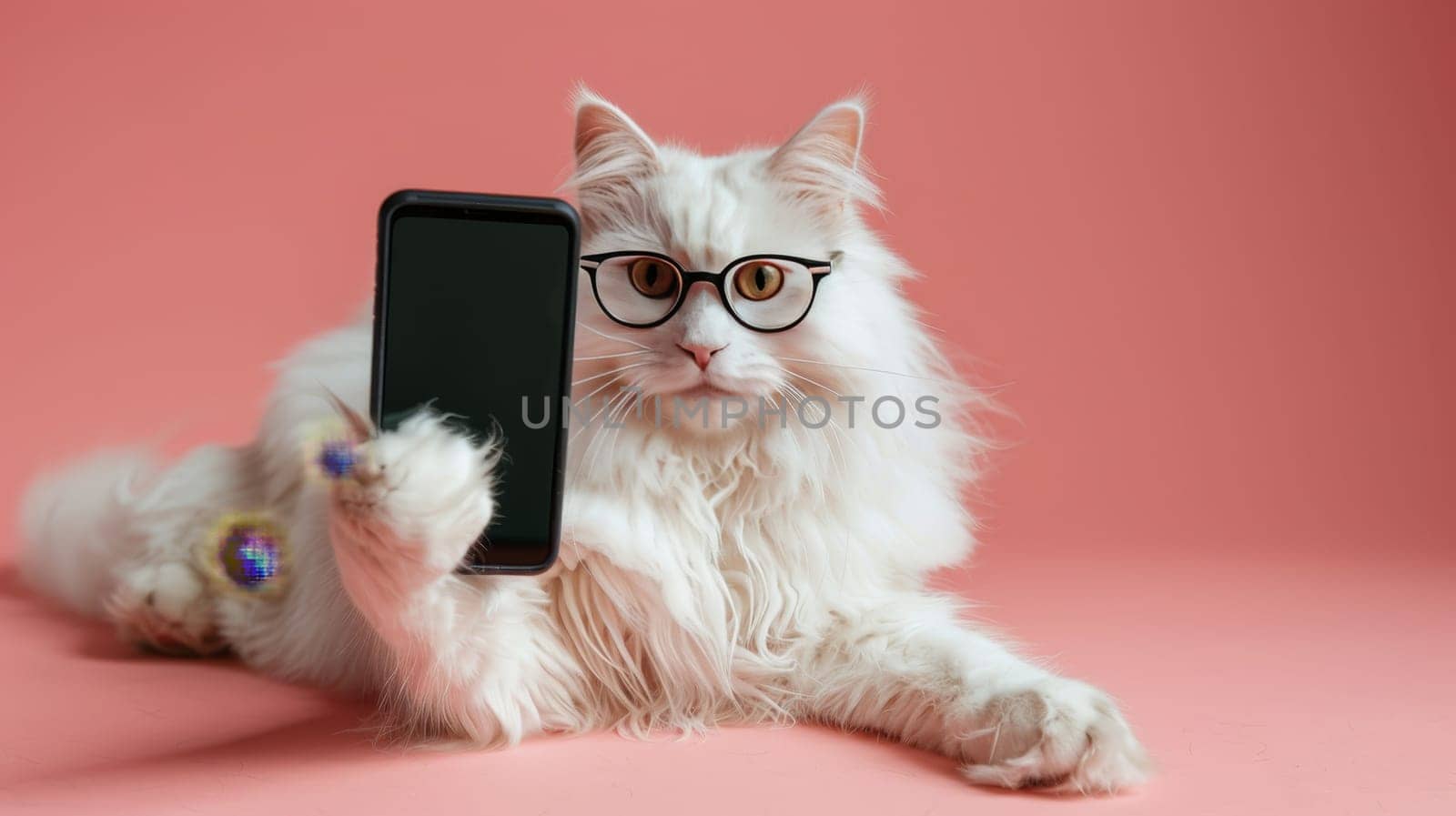 White Fluffy Cat Wearing Glasses Holds Smartphone with Blank Screen on Pink Background