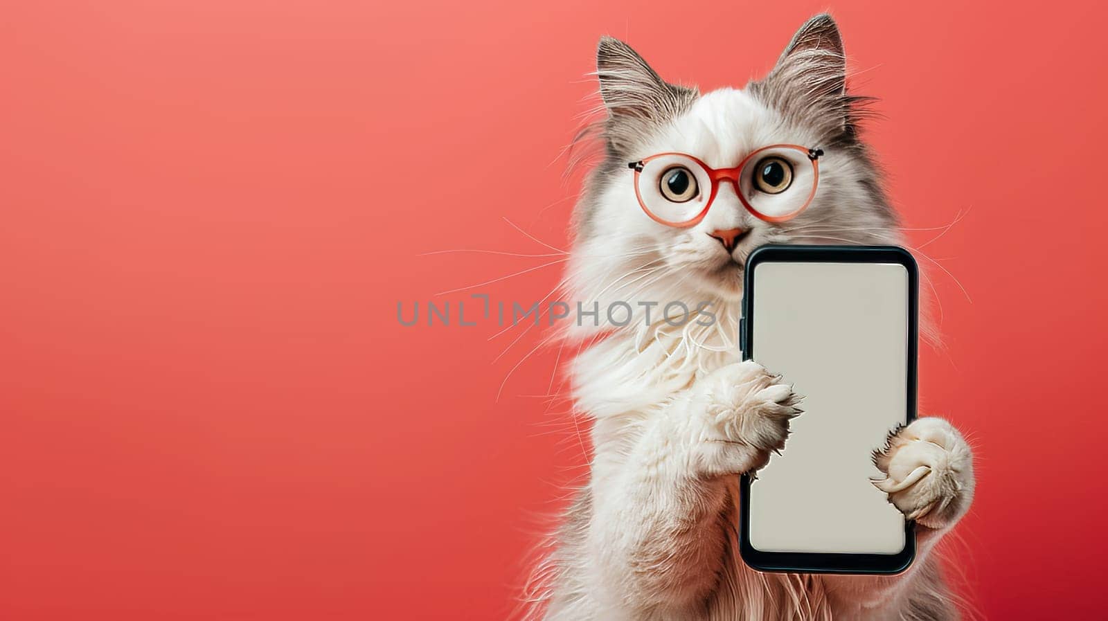 Adorable Fluffy Cat with Pink Glasses Presents Blank Smartphone Screen on Vibrant Red Background