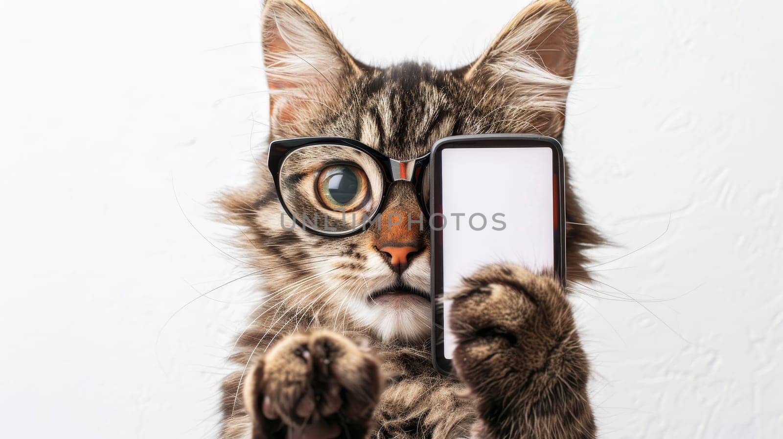 Curious Cat in Glasses Peeking at Smartphone Adorable Close-up Portrait on White Background