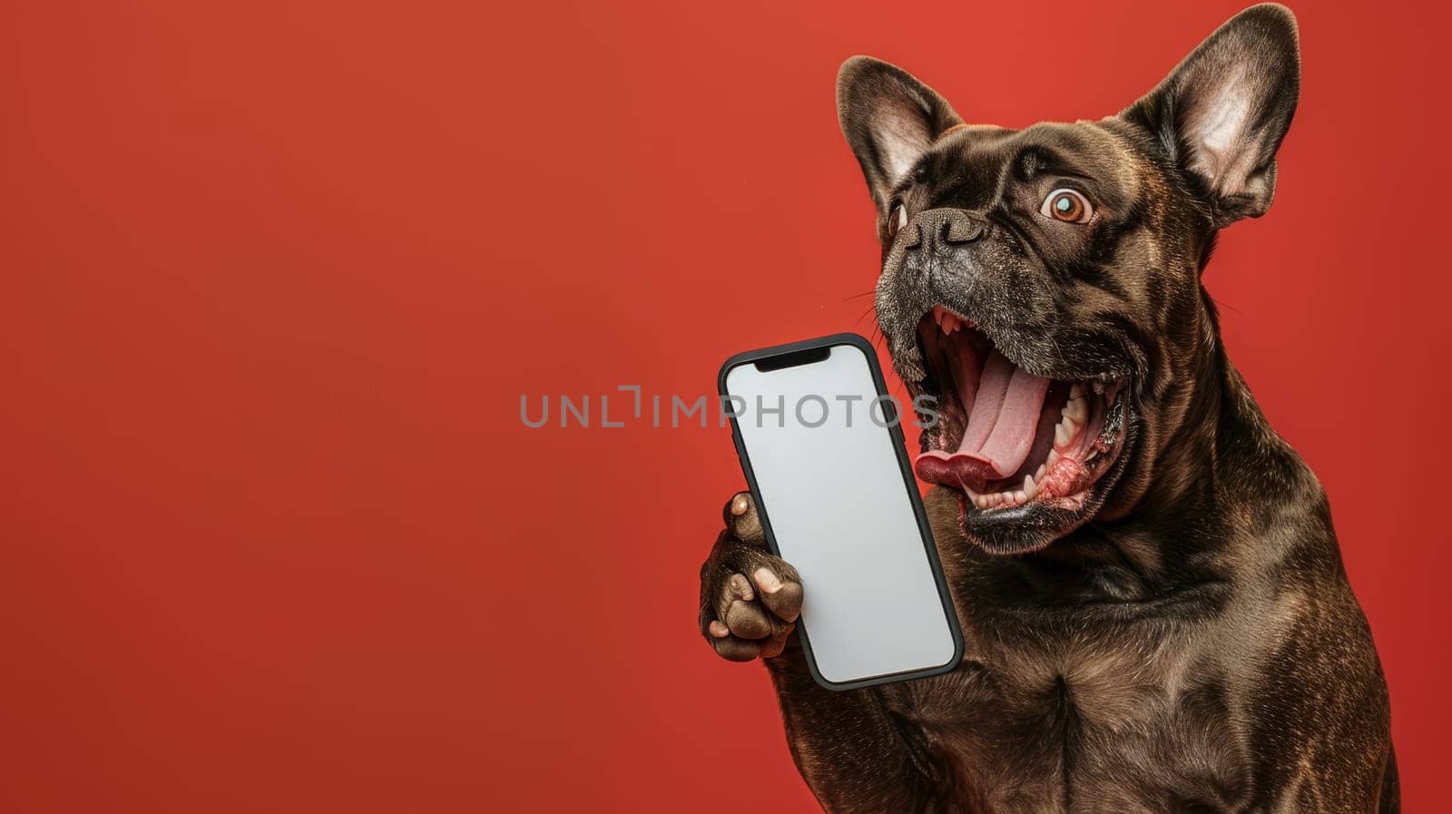 Stunned French Bulldog Holds Up Smartphone with Blank Screen Against Vibrant Red Background