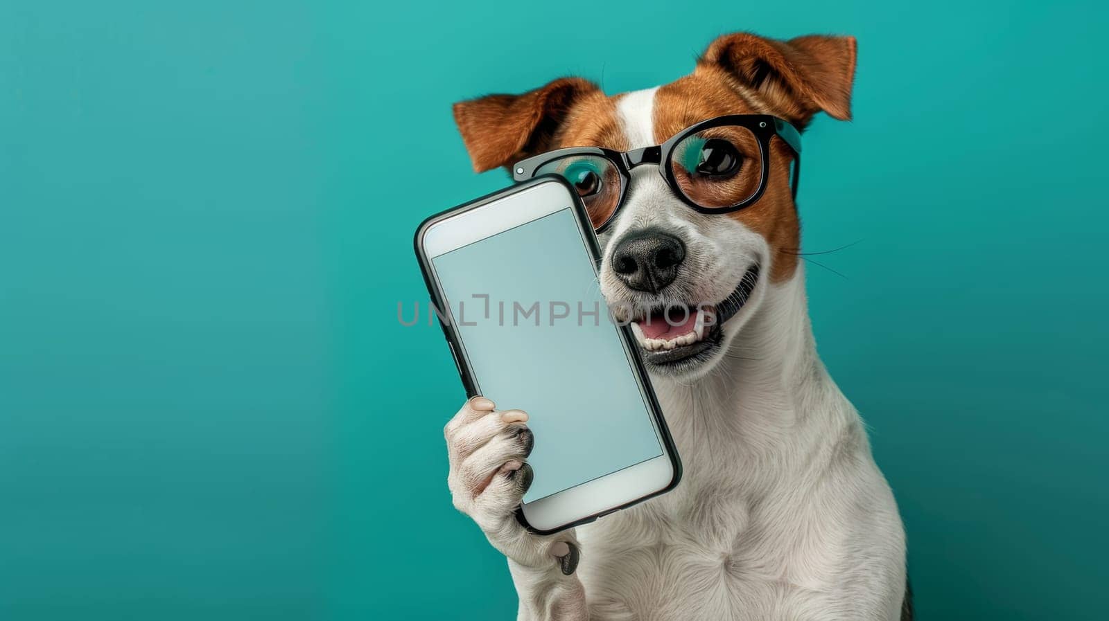 Smiling Dog Wearing Eyeglasses Holds Smartphone Against Turquoise Background in Studio Shot