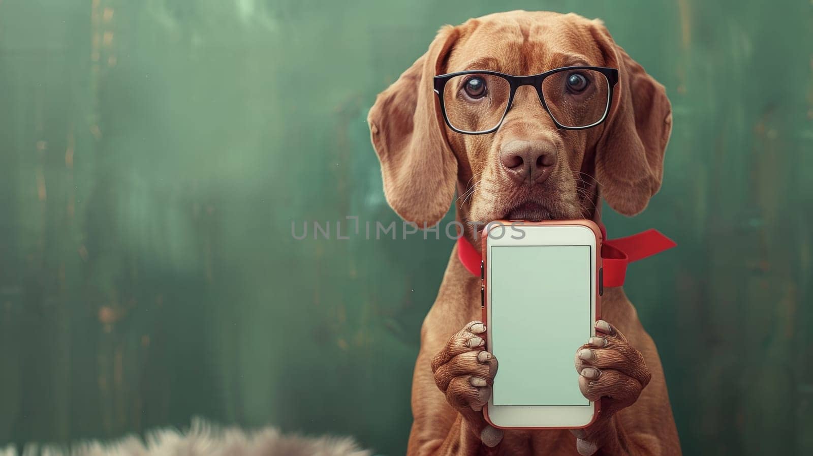 Portrait Of Dog Wearing Eyeglasses Holds A Blank Screen Smartphone, On Green Background