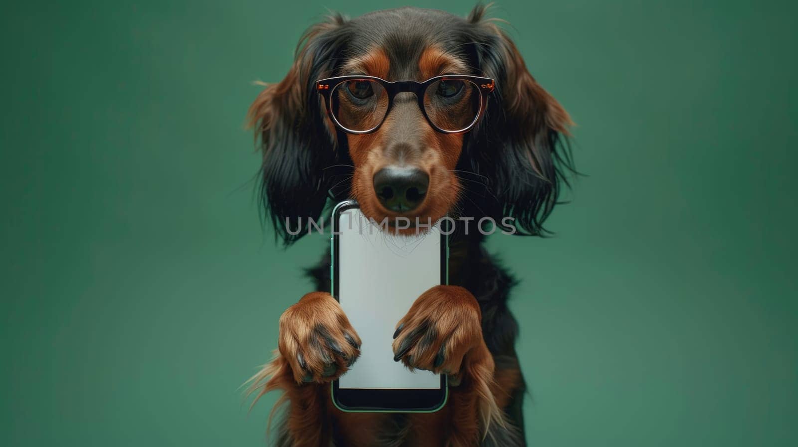 Portrait of Adorable Dog with Eyeglasses Holding Smartphone with Blank Screen, on Green Background