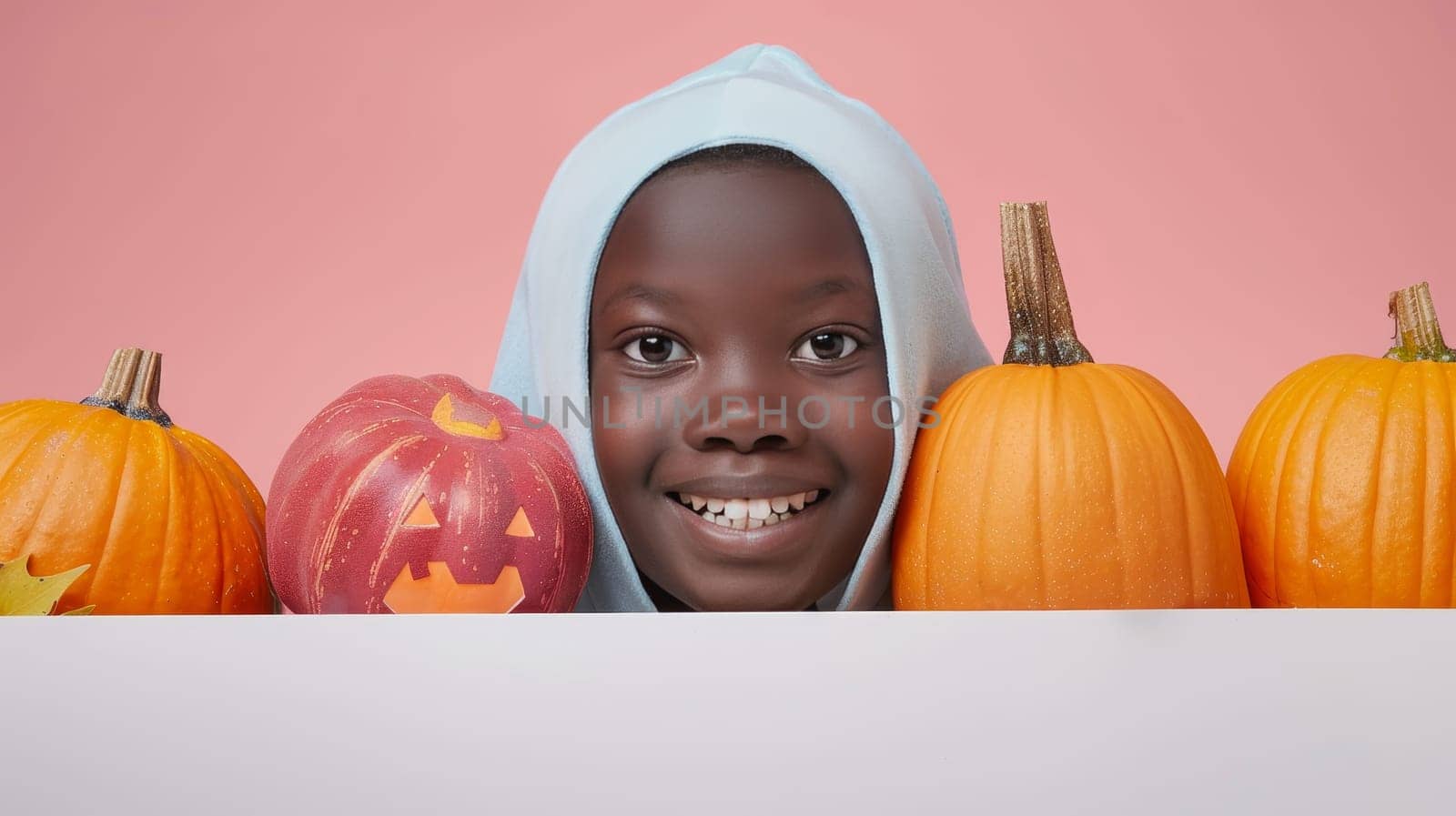 Smiling Black Kid in Hood Peeking Over Pumpkins Against Pink, Halloween Portrait with Copy Space