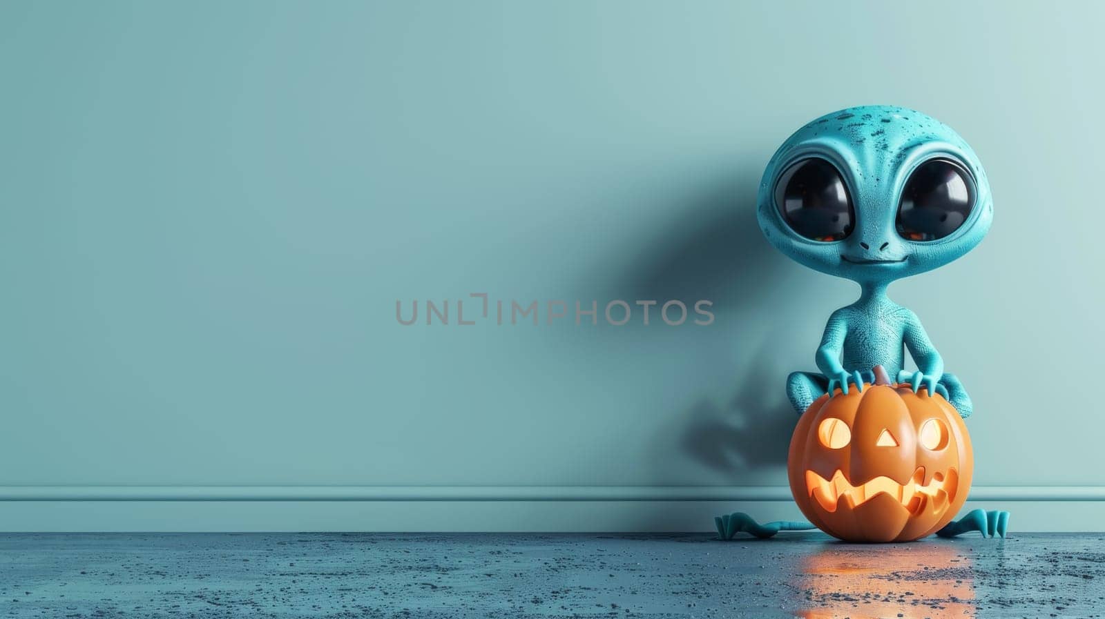 Cute Blue Alien With Big Eyes Sitting With Halloween Pumpkin On Blue Background. 3D Illustration