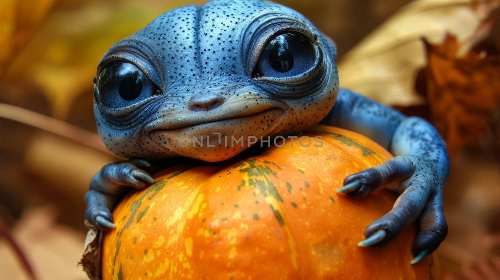 Cute Blue Fantasy Creature Hugging Pumpkin on Autumn Day With Big Black Eyes and Friendly Smile