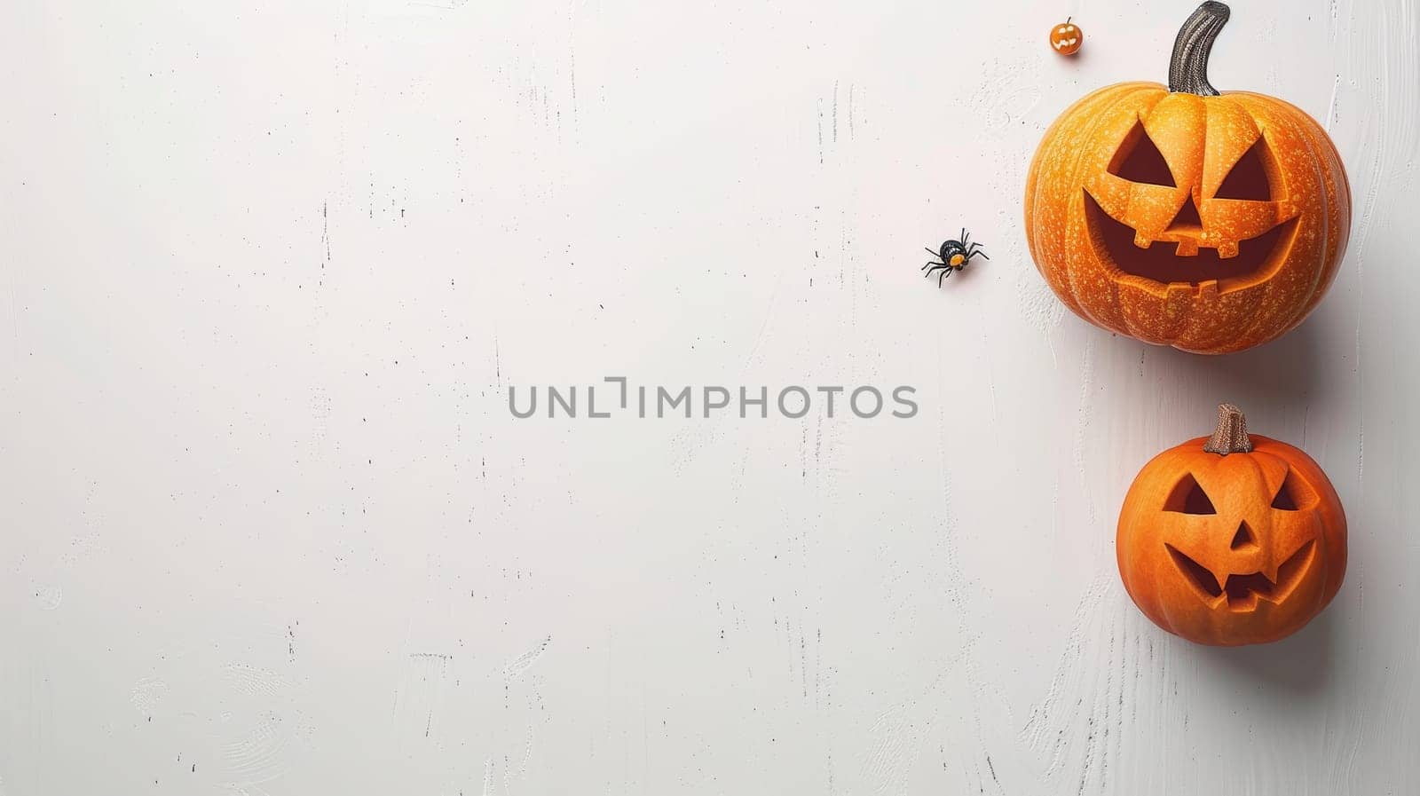 Two Jack O Lanterns and a Small Spider on a Distressed White Wood Background with Copy Space
