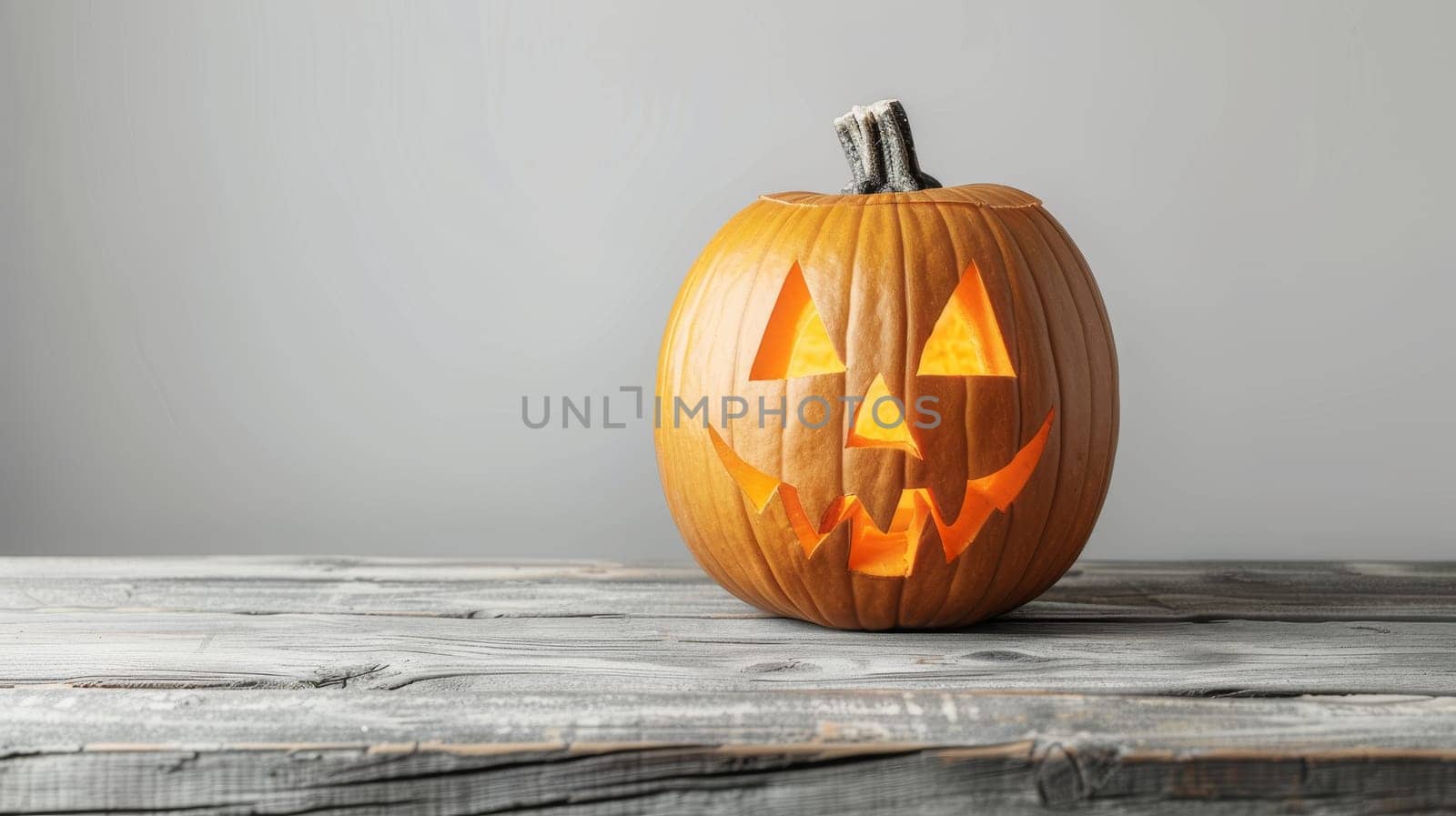 Halloween pumpkin with carved smiling face and glowing eyes on a wooden surface against a grey wall