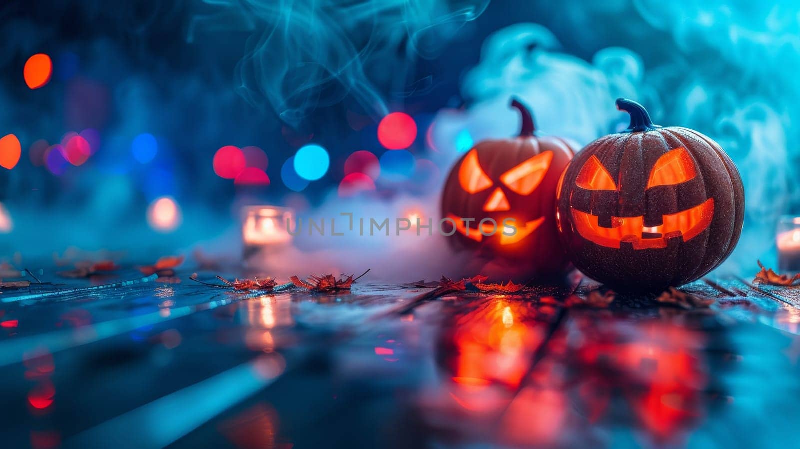 Two Halloween Pumpkins with Burning Candles in a Spooky Atmosphere with Blue and Red Lights