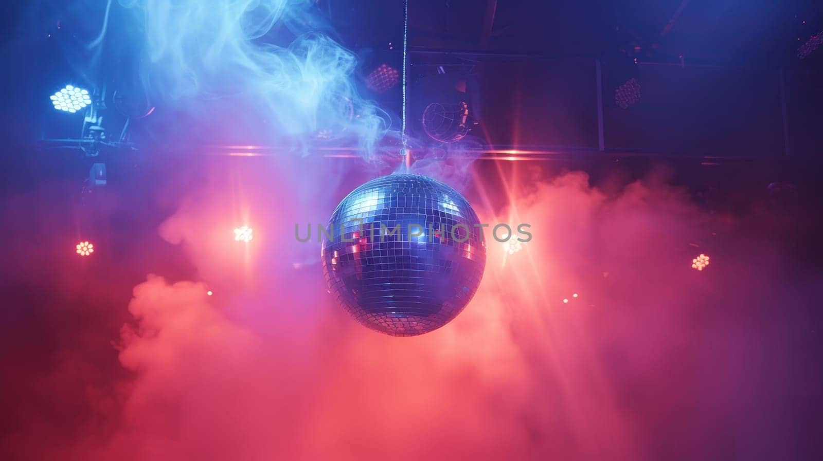 Glimmering Disco Ball Hanging in a Nightclub with Red and Blue Stage Lights and Hazy Smoke
