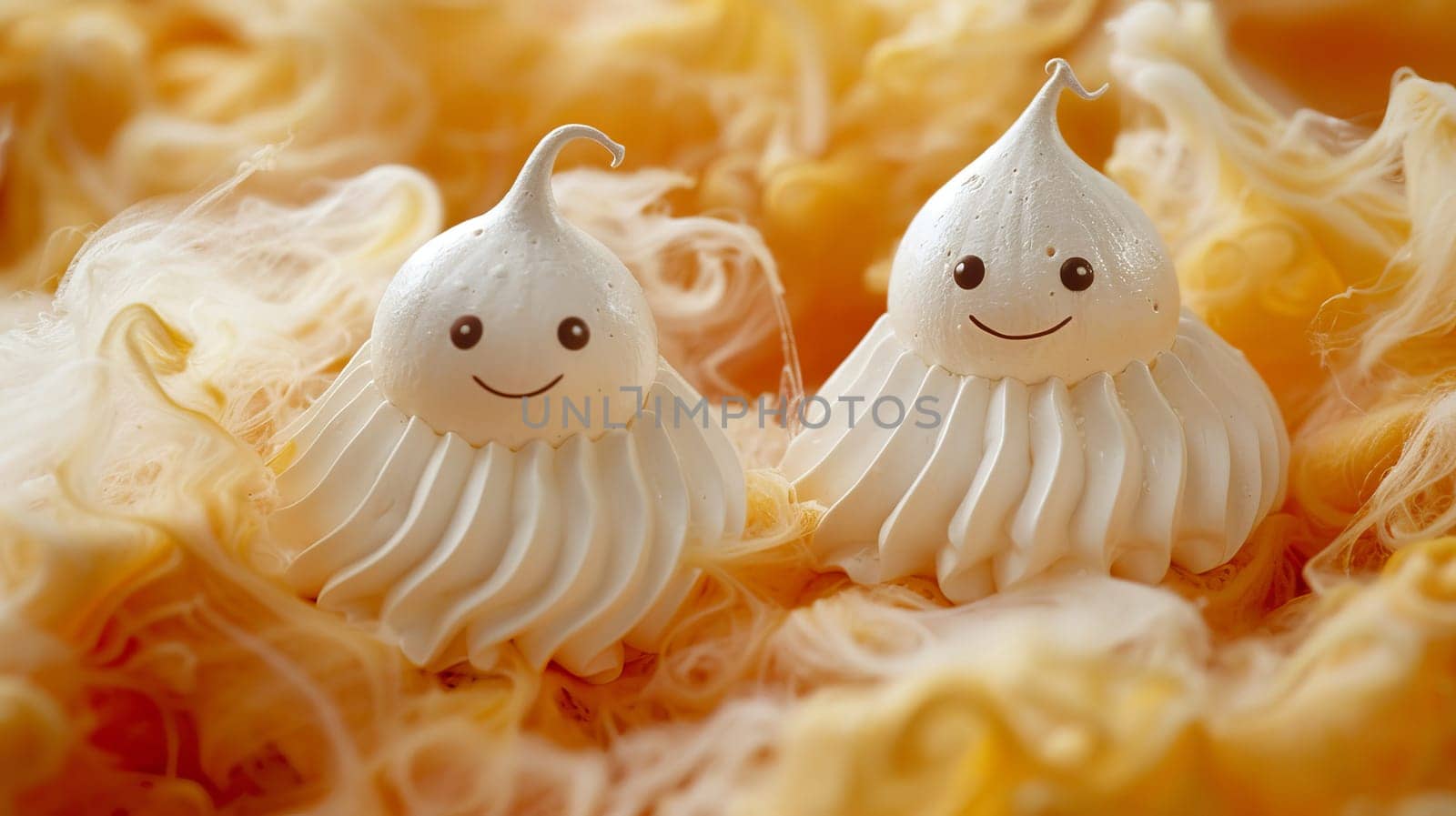 Two Whimsical Meringue Ghosts with Friendly Smiles Nestled in Orange Cotton Candy for Halloween