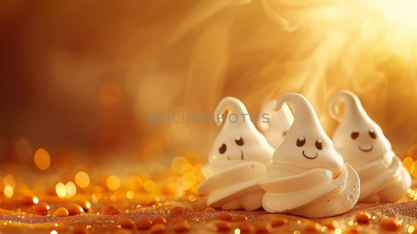 Three cute meringue ghosts on shimmering background with bokeh and smoke. Halloween concept.