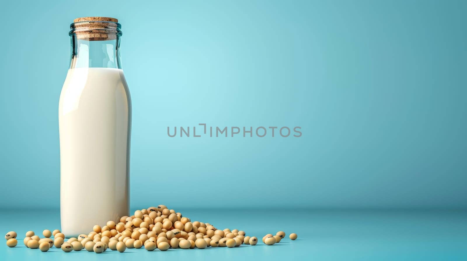 Glass Bottle of Soy Milk with Scattered Soybeans, Healthy Vegan Drink on Blue Background