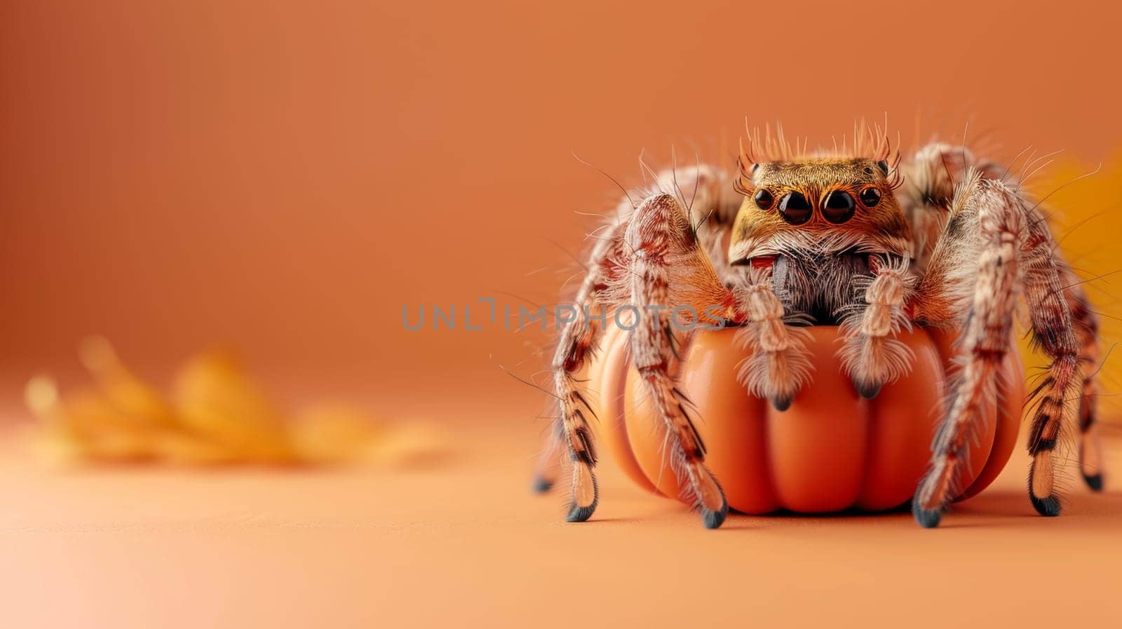 Adorable Jumping Spider Perched on Miniature Pumpkin Festive Fall Decor on Orange Backdrop