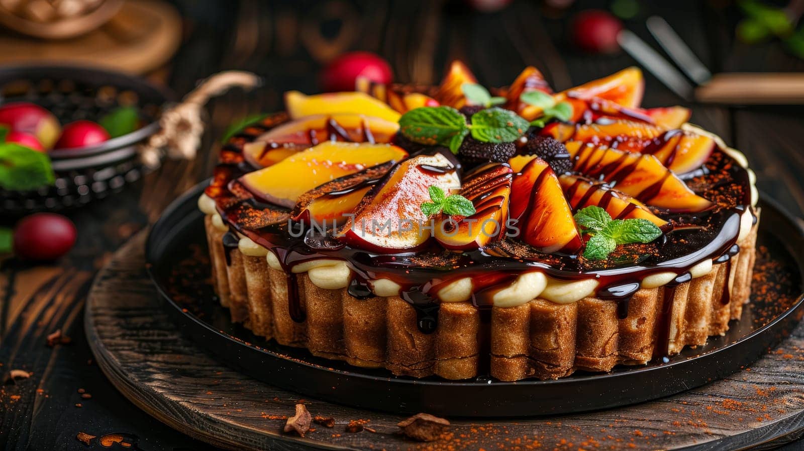Delicious chocolate cake with fruit, berries, chocolate, and decorated mint, closeup view