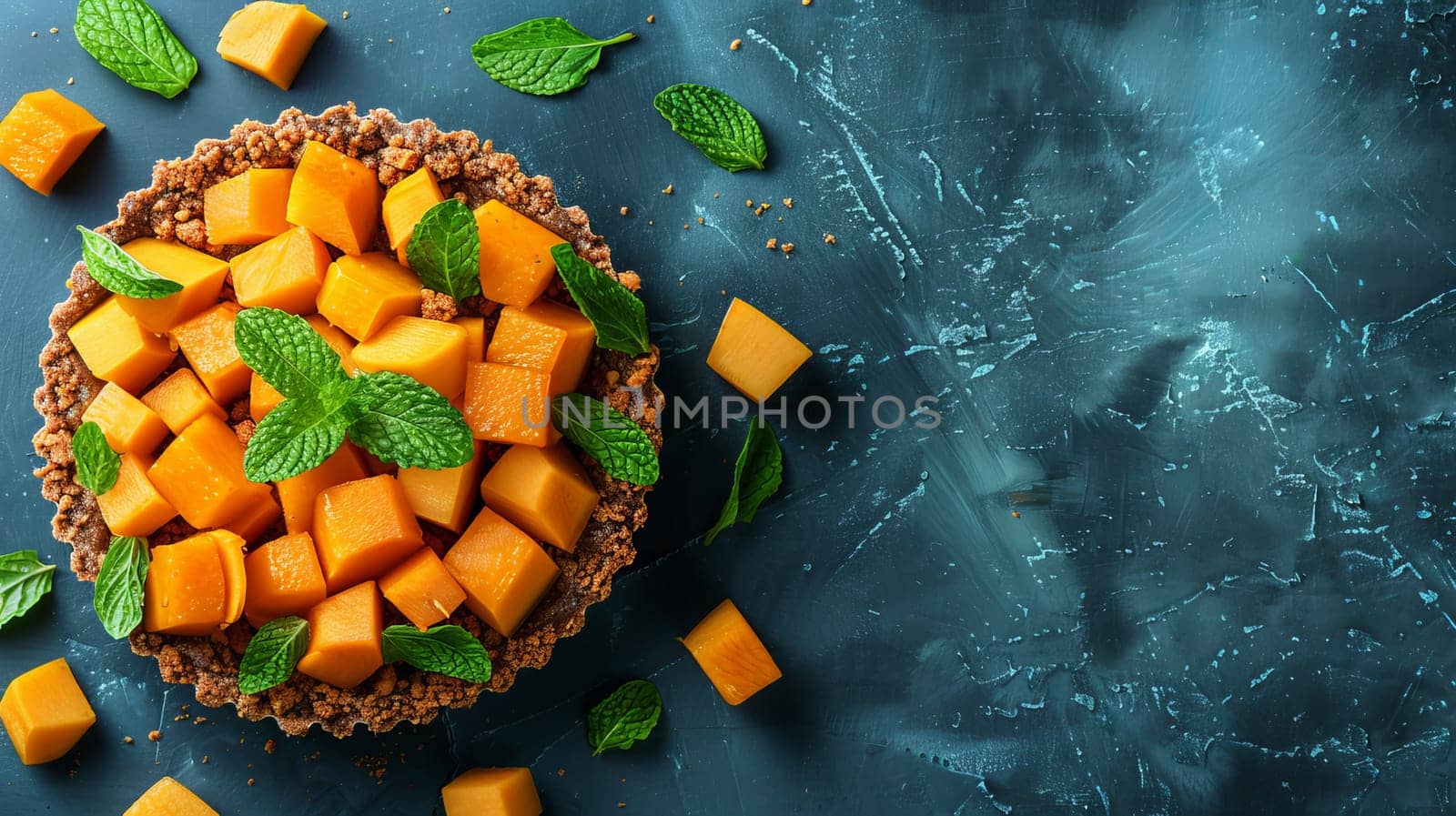 Delicious Homemade Mango Tart Garnished with Fresh Mint Leaves on Rustic Blue Background, Top View
