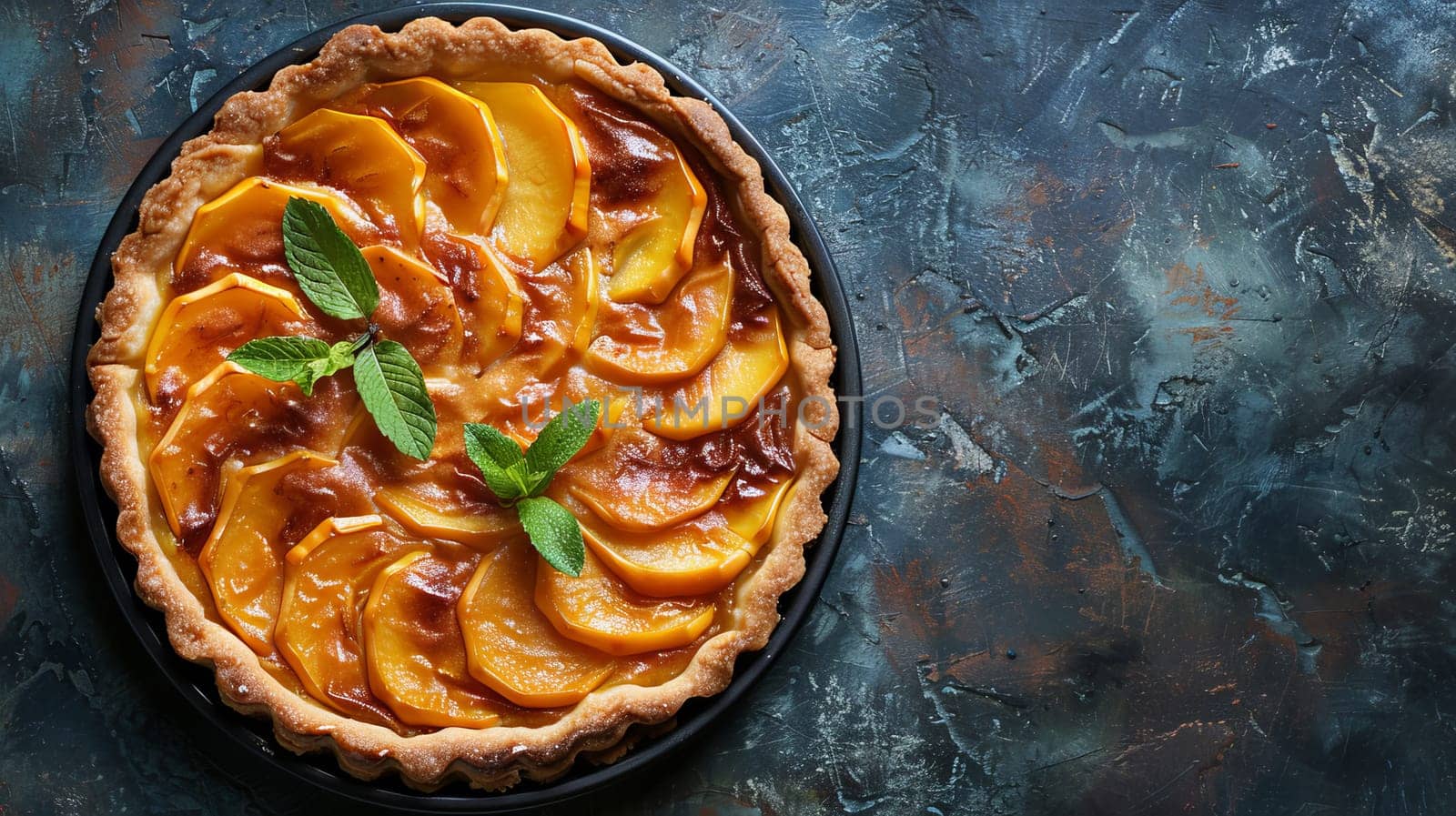 Delicious Peach Pie, Tart, Flan with Caramel Filling and Fresh Mint Leaves on Rustic Blue Background