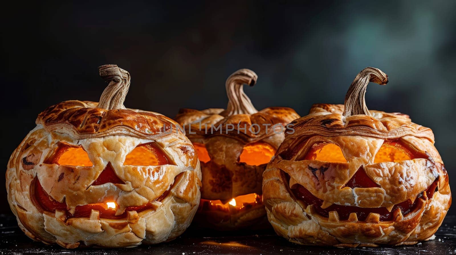 Three Halloween Jack OLantern Pies with Lighting, on Dark Background, Selective Focus