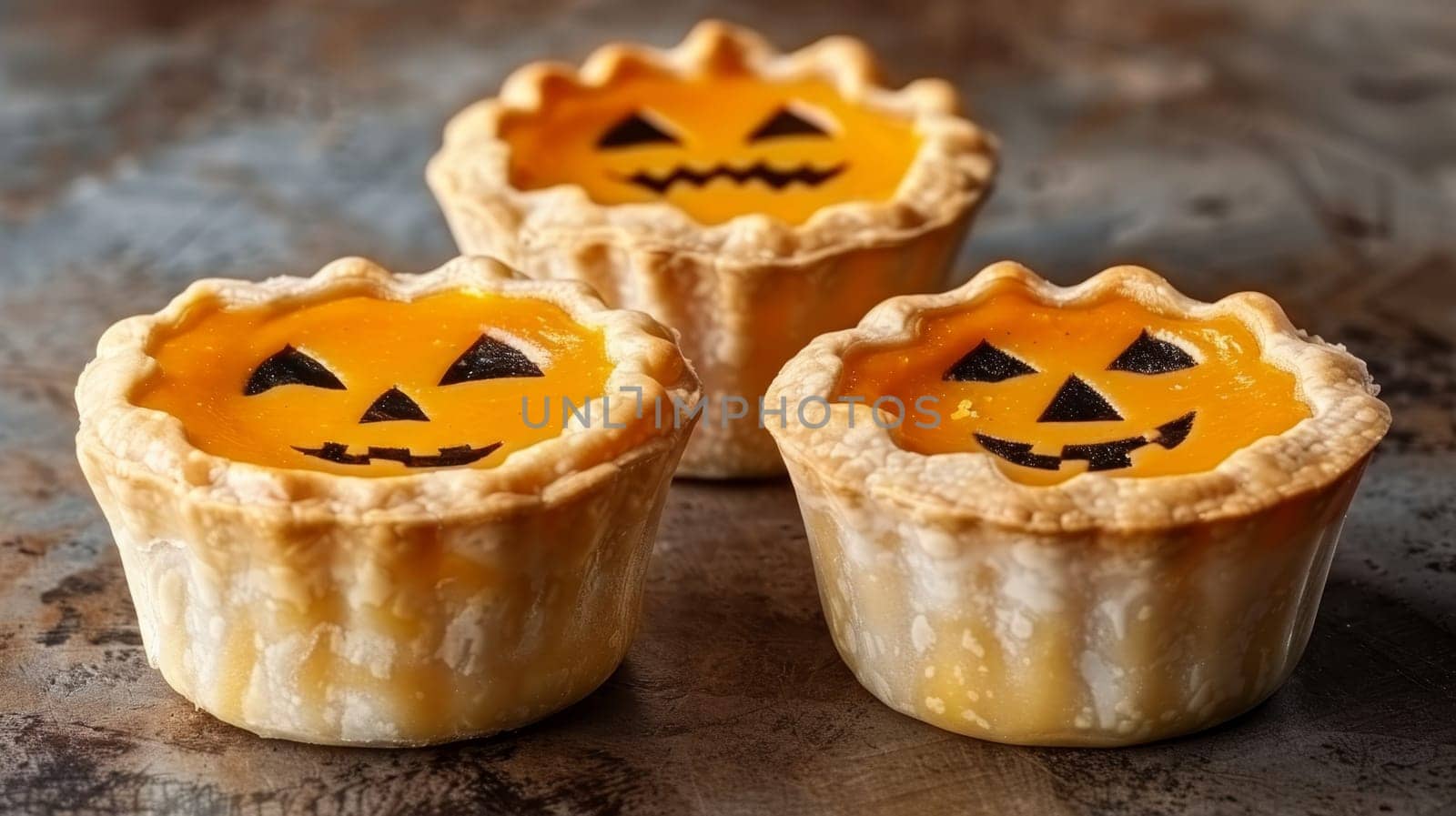 Three Mini Pumpkin Pies for Halloween, Delicious Homemade Treat, Festive Holiday Dessert