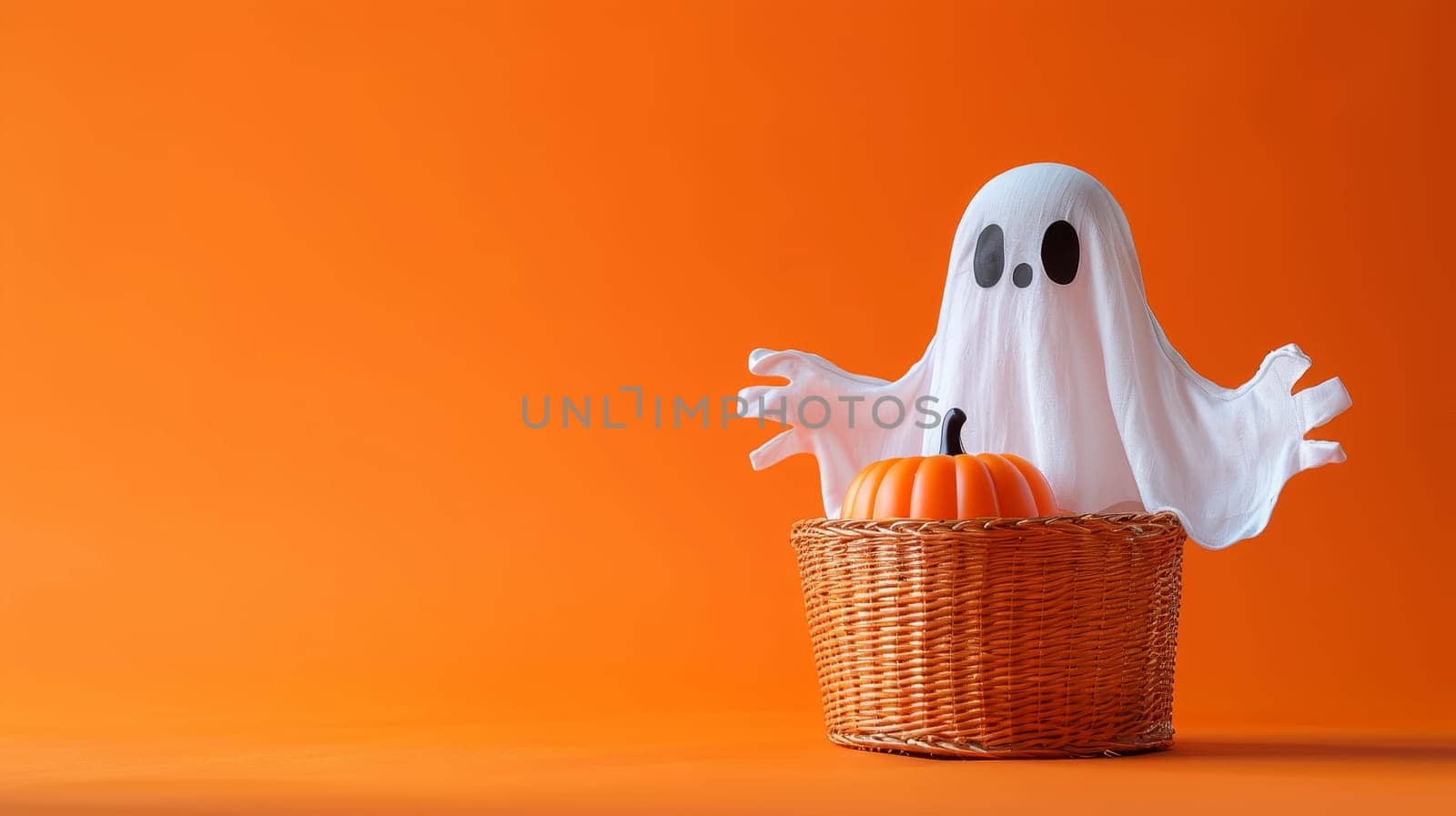 White Ghost with Eyes and Mouth Open Sitting in a Basket and Holding a Pumpkin on Orange Background