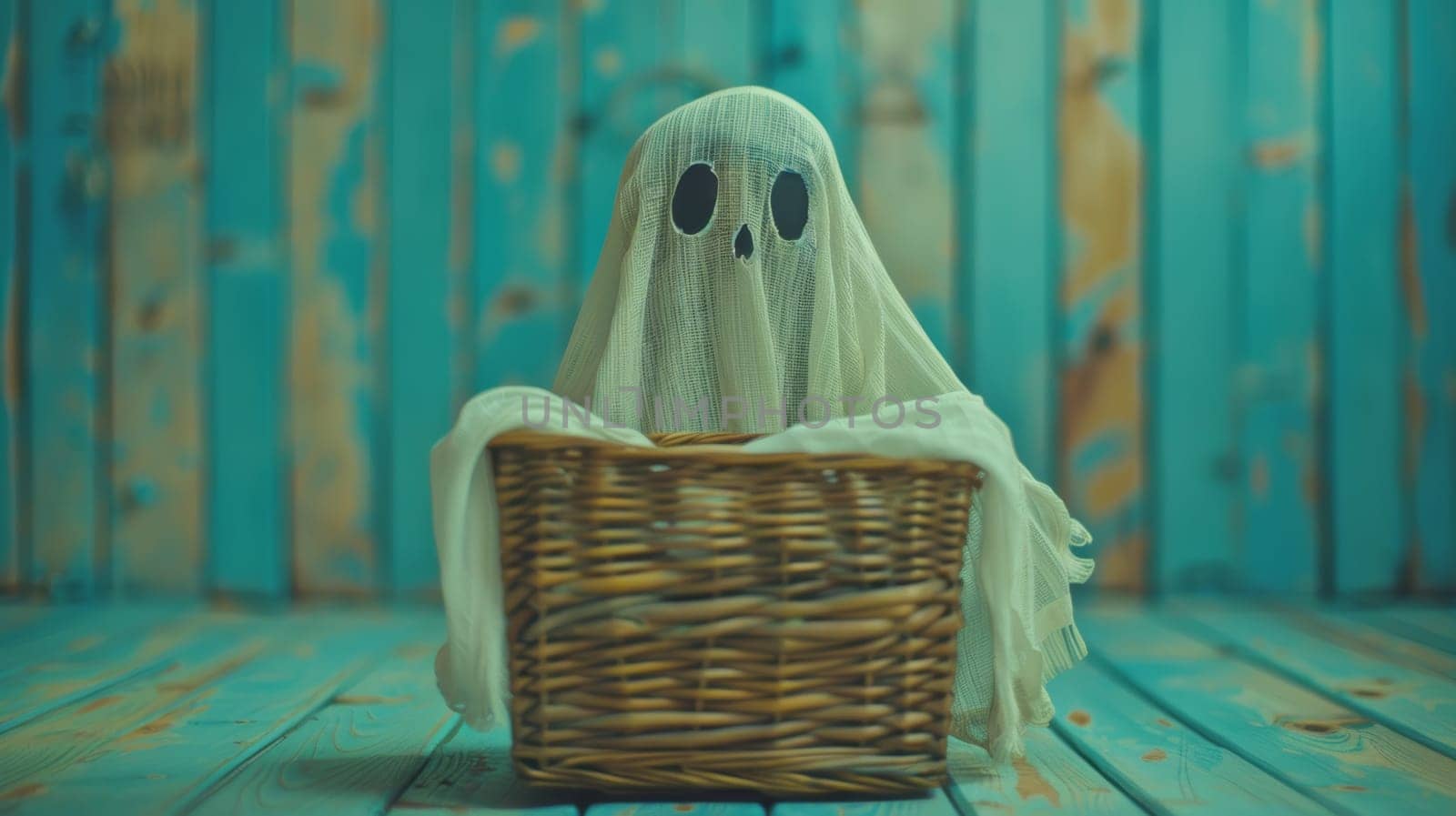 Spooky Ghost Peeking Over A Basket With A Blue Wooden Background for A Halloween Atmosphere