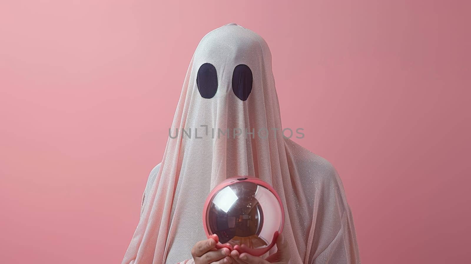 Mysterious Figure in Pink A Ghostly Presence Holding a Crystal Ball on a Vibrant Pink Background