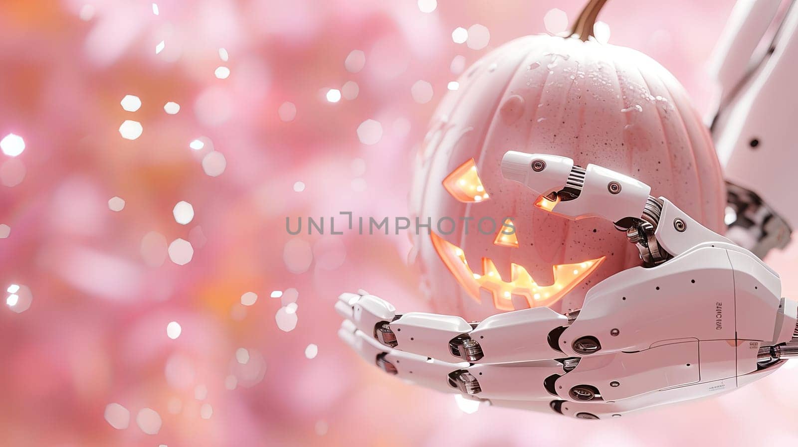 White Robot Hand Holds Glowing Pink Pumpkin Halloween Decoration on Blurry Background