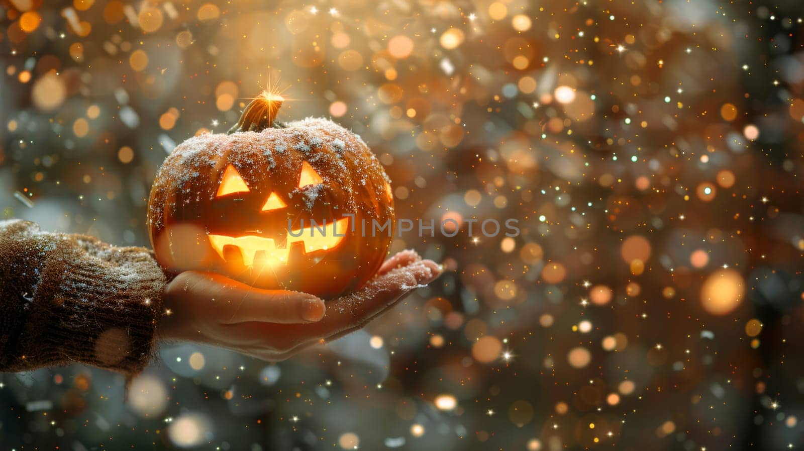 Glowing Carved Pumpkin in Human Hands in Magical Sparkly Snowfall, Halloween Celebration
