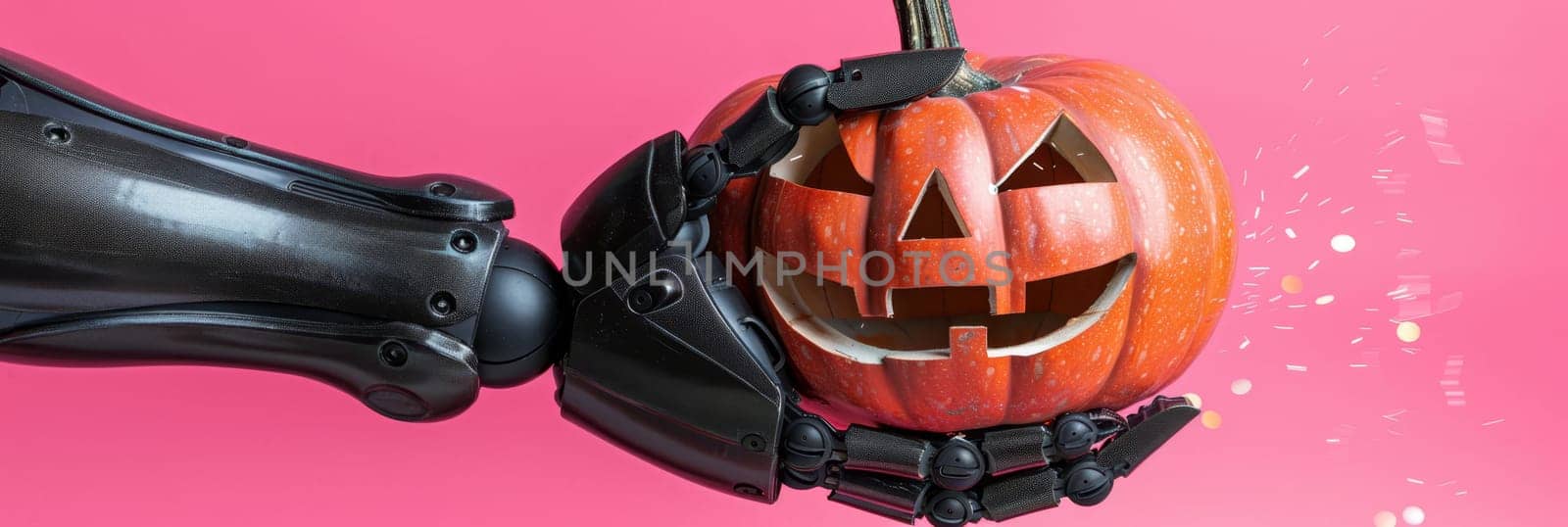 Robotic Hand Holds Halloween Pumpkin Festive Greeting On Pink Background With Sparkling Highlights