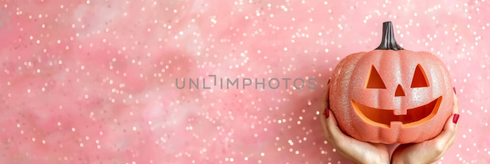 Womans Hands Holding Pink Glitter Pumpkin on Pink Background. Festive Concept for Halloween.