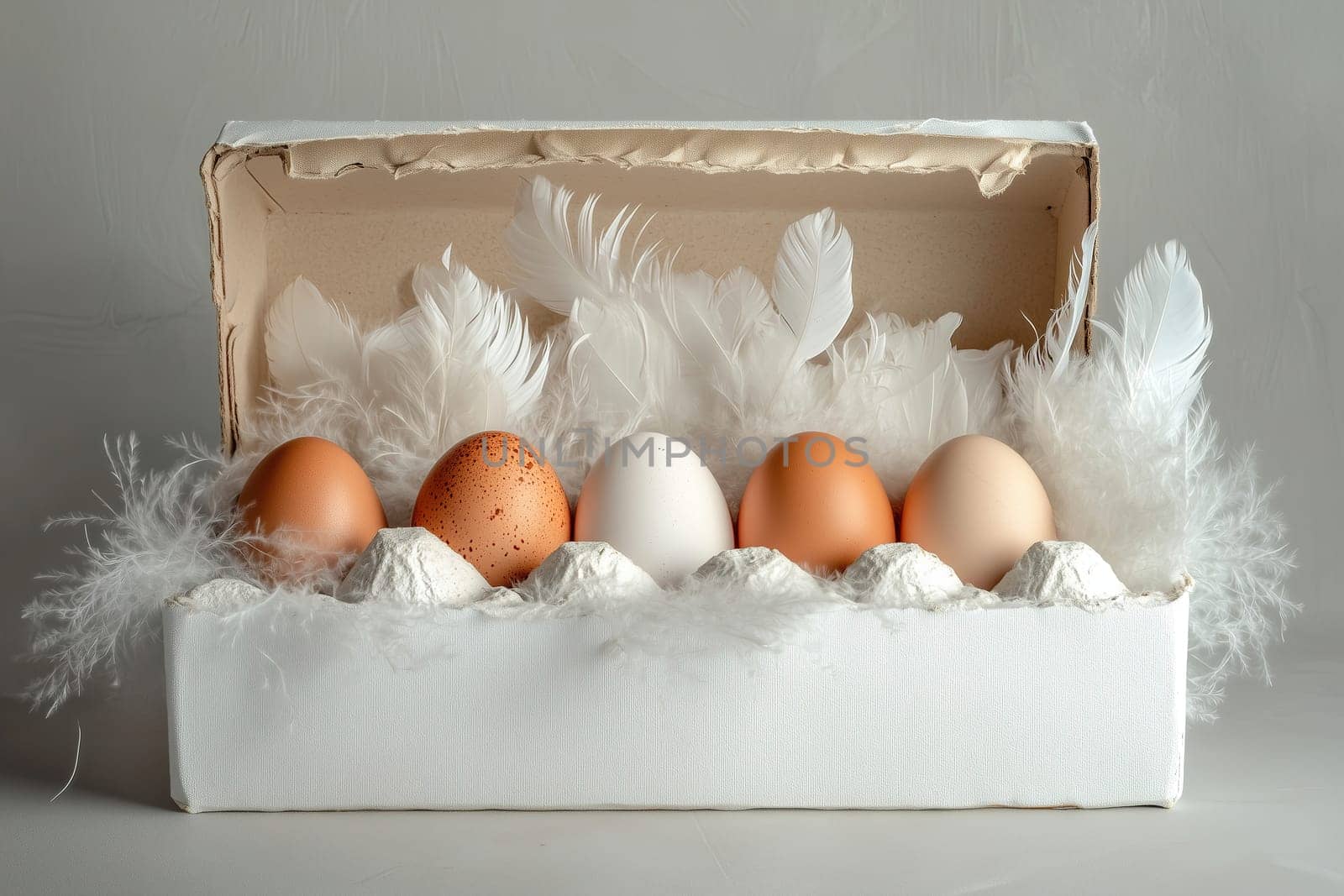 A creative arrangement of eggs in different colors resting on soft feathers inside a white box, highlighting simple elegance for decoration.