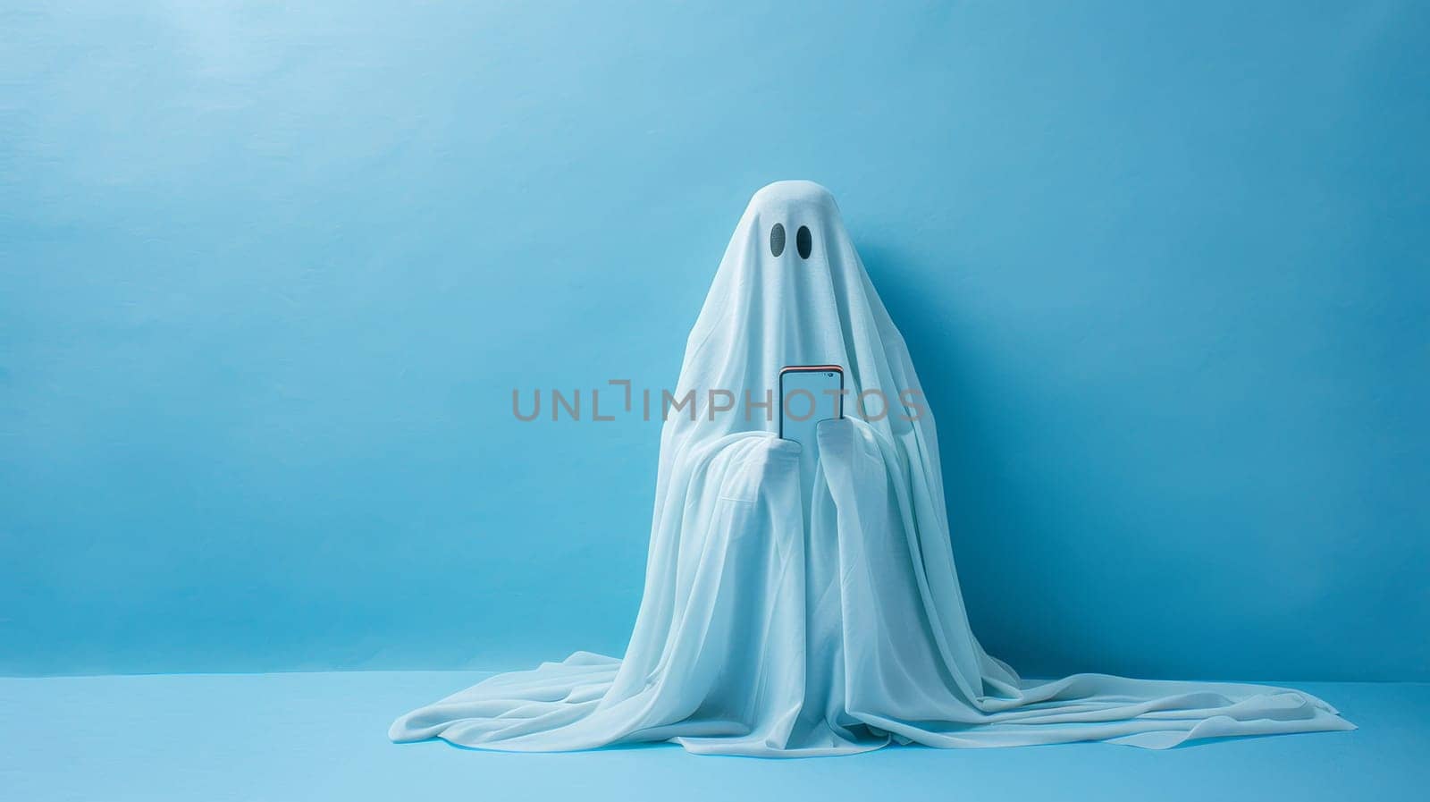 Ghostly Scrolling Spooky Figure in White Sheet Using Smartphone Against Minimal Blue Backdrop
