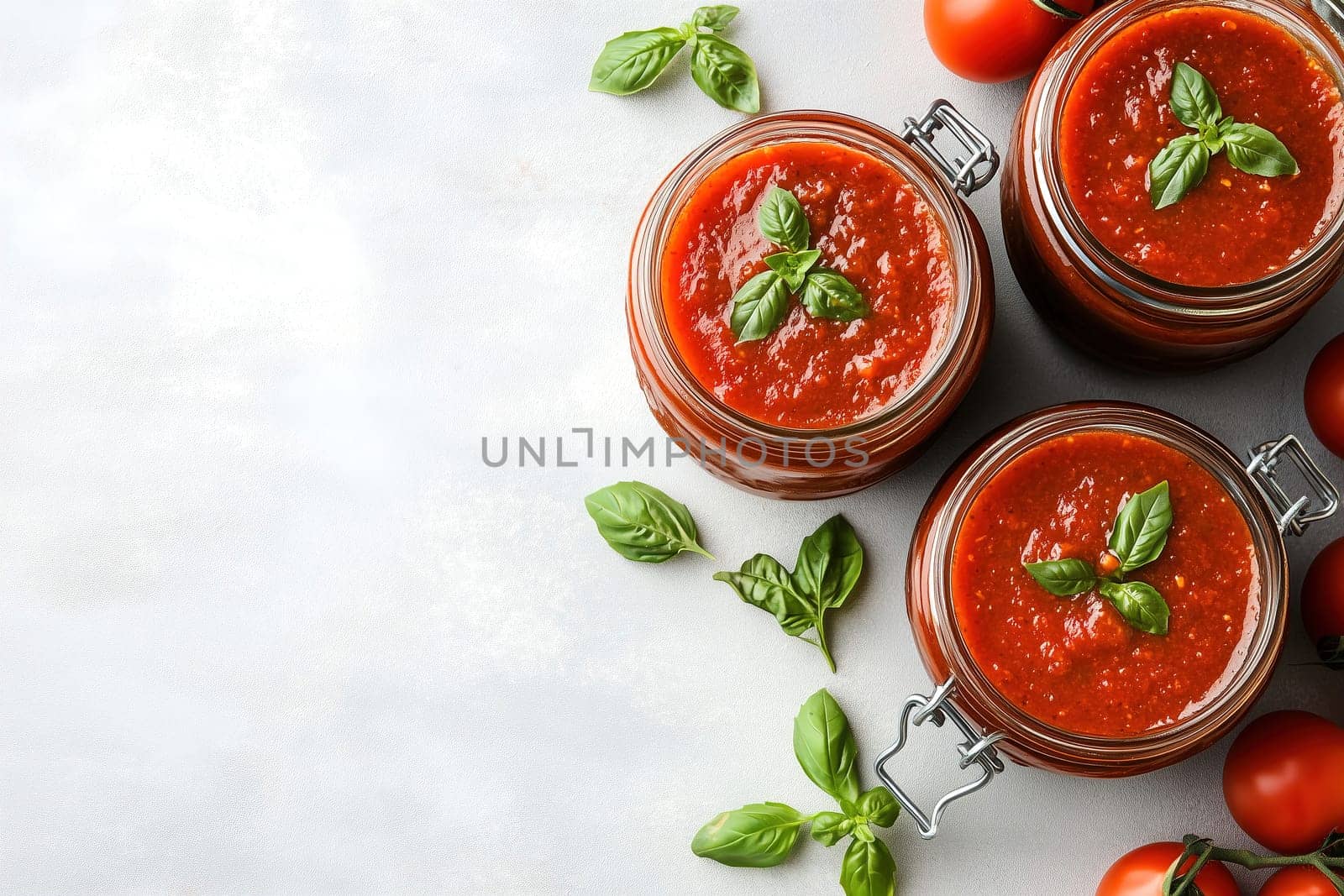 Three jars filled with rich tomato sauce are displayed alongside fresh tomatoes and basil leaves on a clean, light surface, highlighting a seasonal culinary delight.