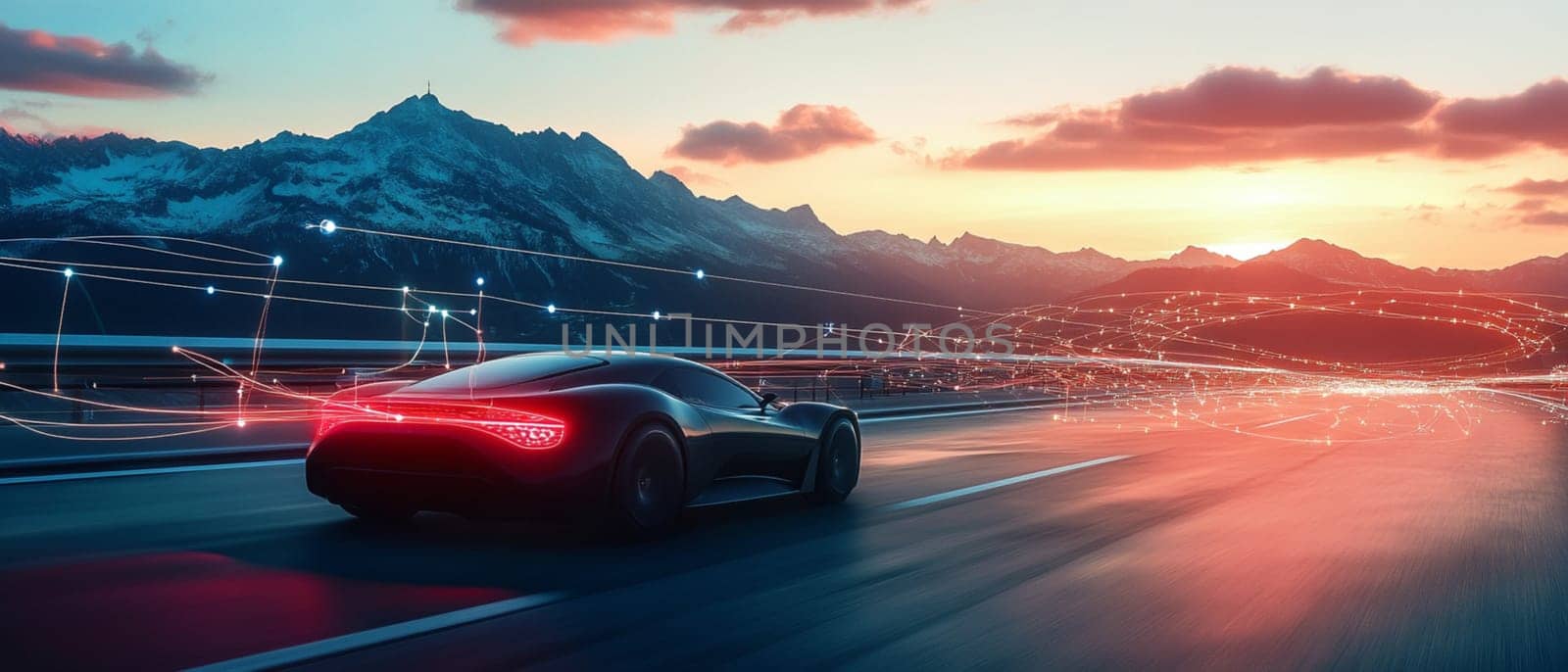 Futuristic sports car is speeding down a highway in the mountains with connected lines illustrating artificial intelligence