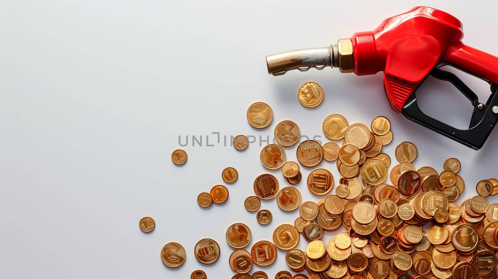 Red Fuel Nozzle And Shiny Coins Concept Of Increase Rising Gas Or Fuel Price Costs.