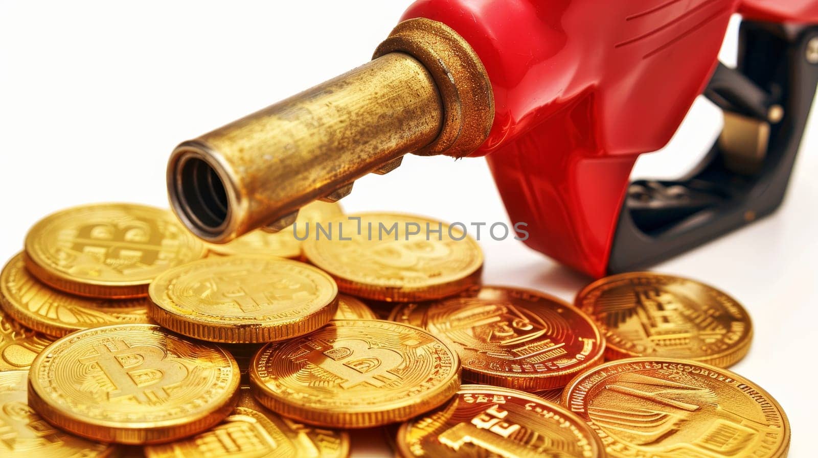 Gas Nozzle Hovering Over a Pile of Gold Bitcoin Crypto Currency on a White Background....
