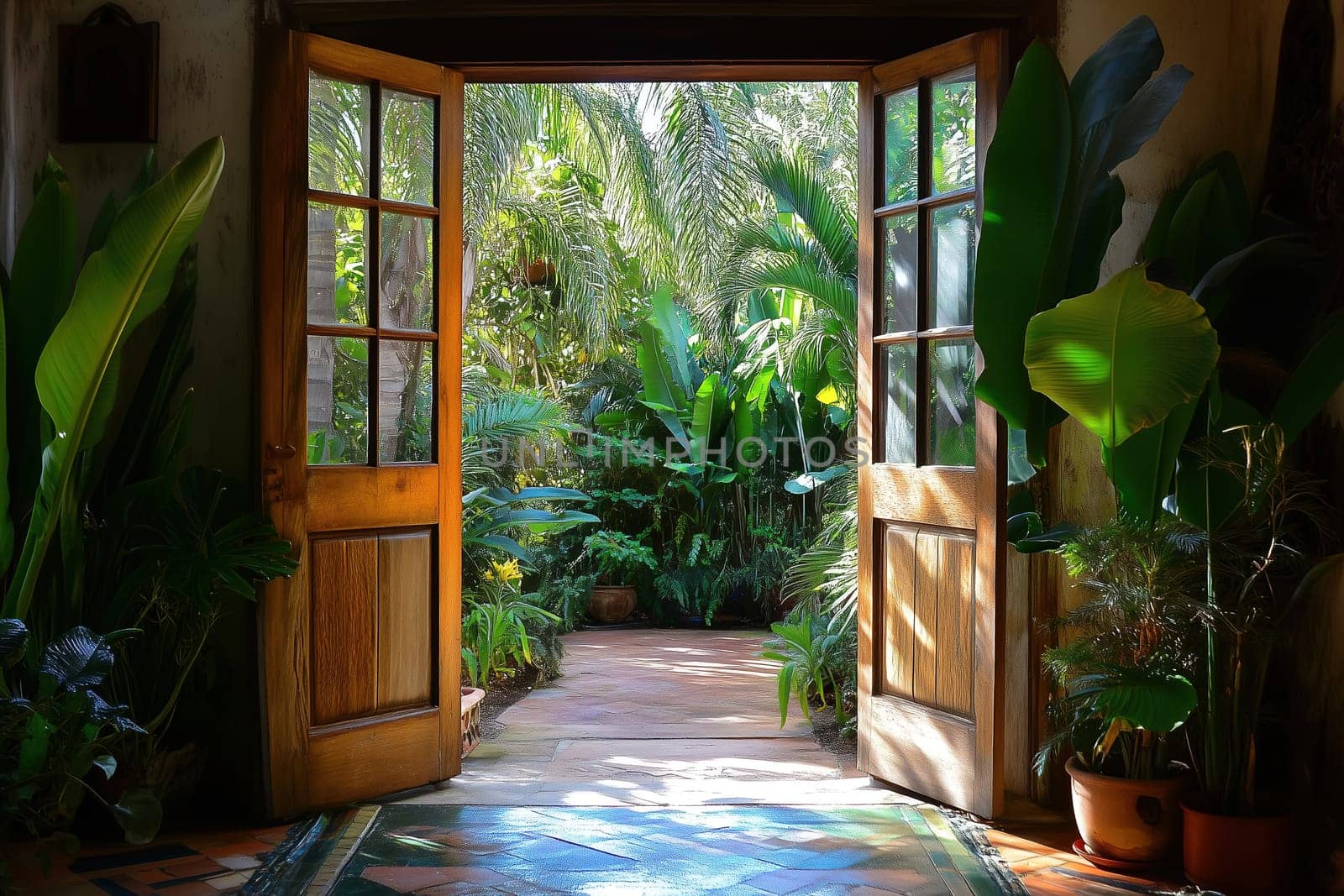 Sunlight filters through an open double door, inviting a view of a serene tropical garden teeming with lush plants and greenery, creating a peaceful atmosphere.