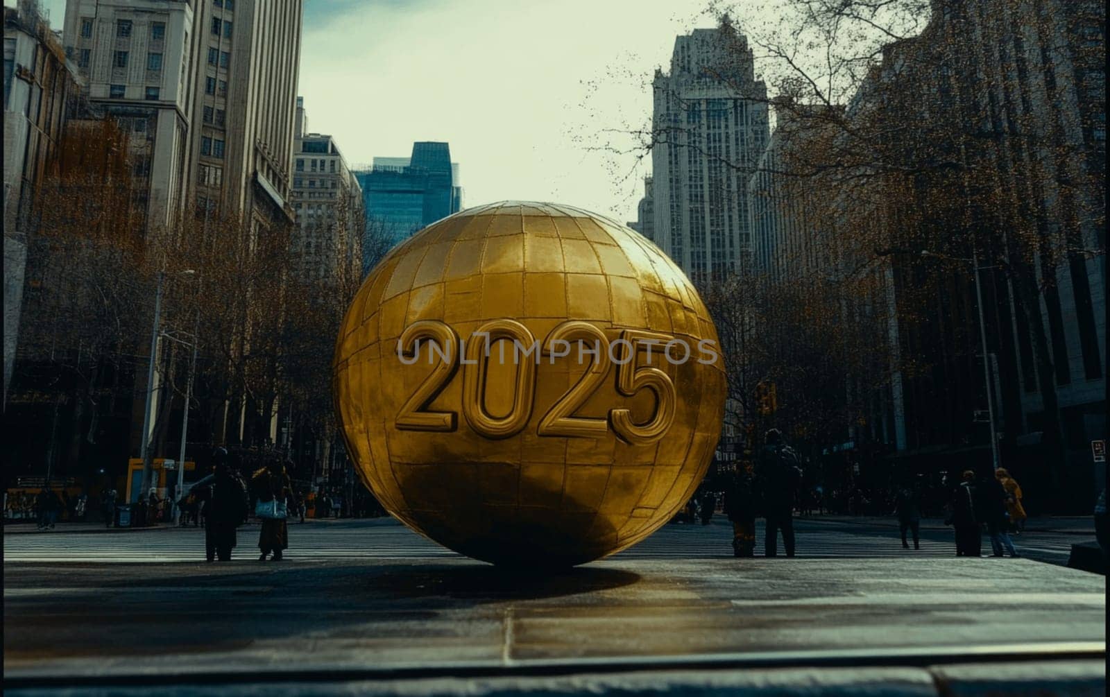 Giant gold sphere with 2025 engraved on it is standing in the middle of a new york city street, pedestrians are walking by
