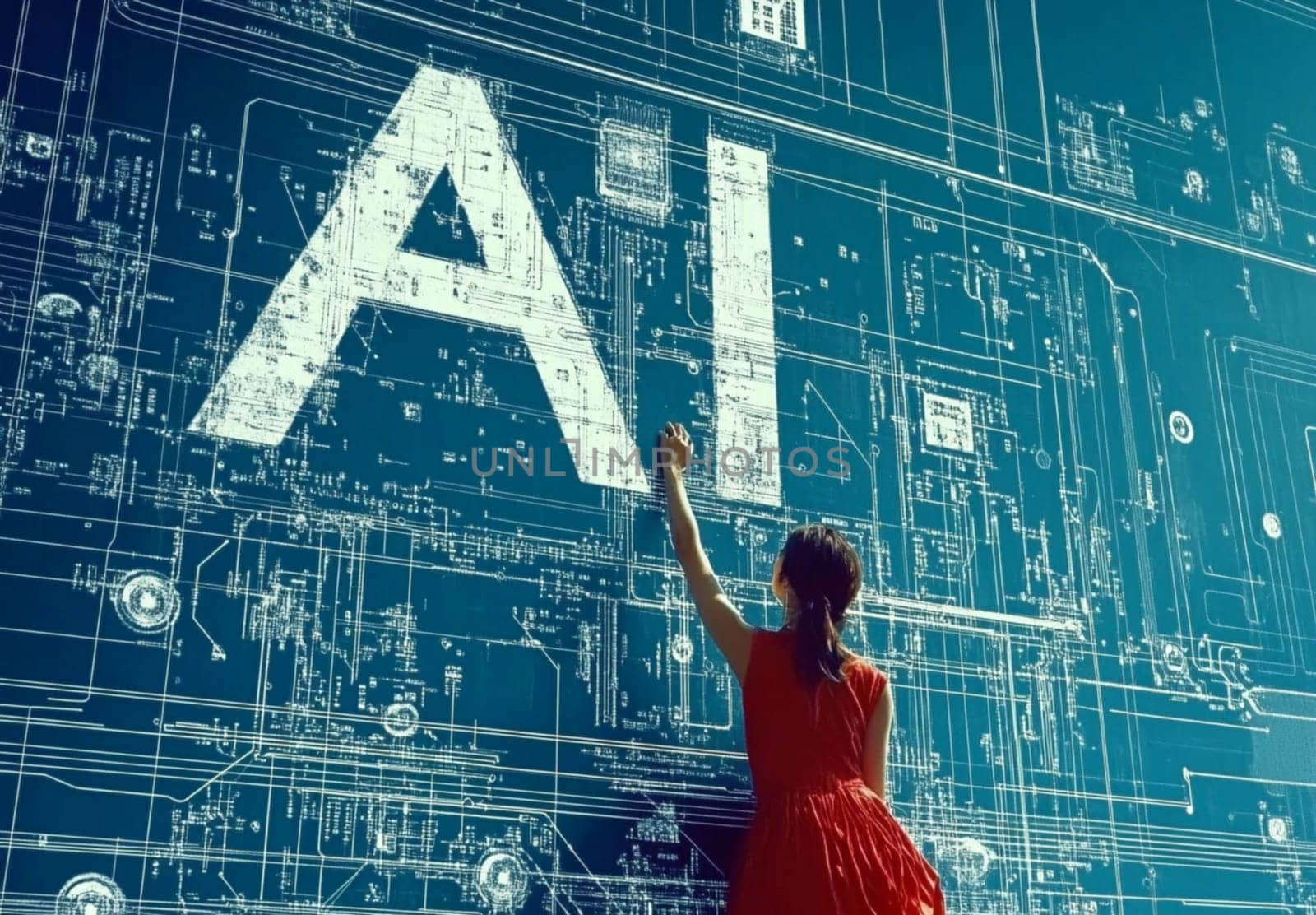 Woman engineer draws an ai concept on a circuit board, symbolizing innovation and the future of artificial intelligence