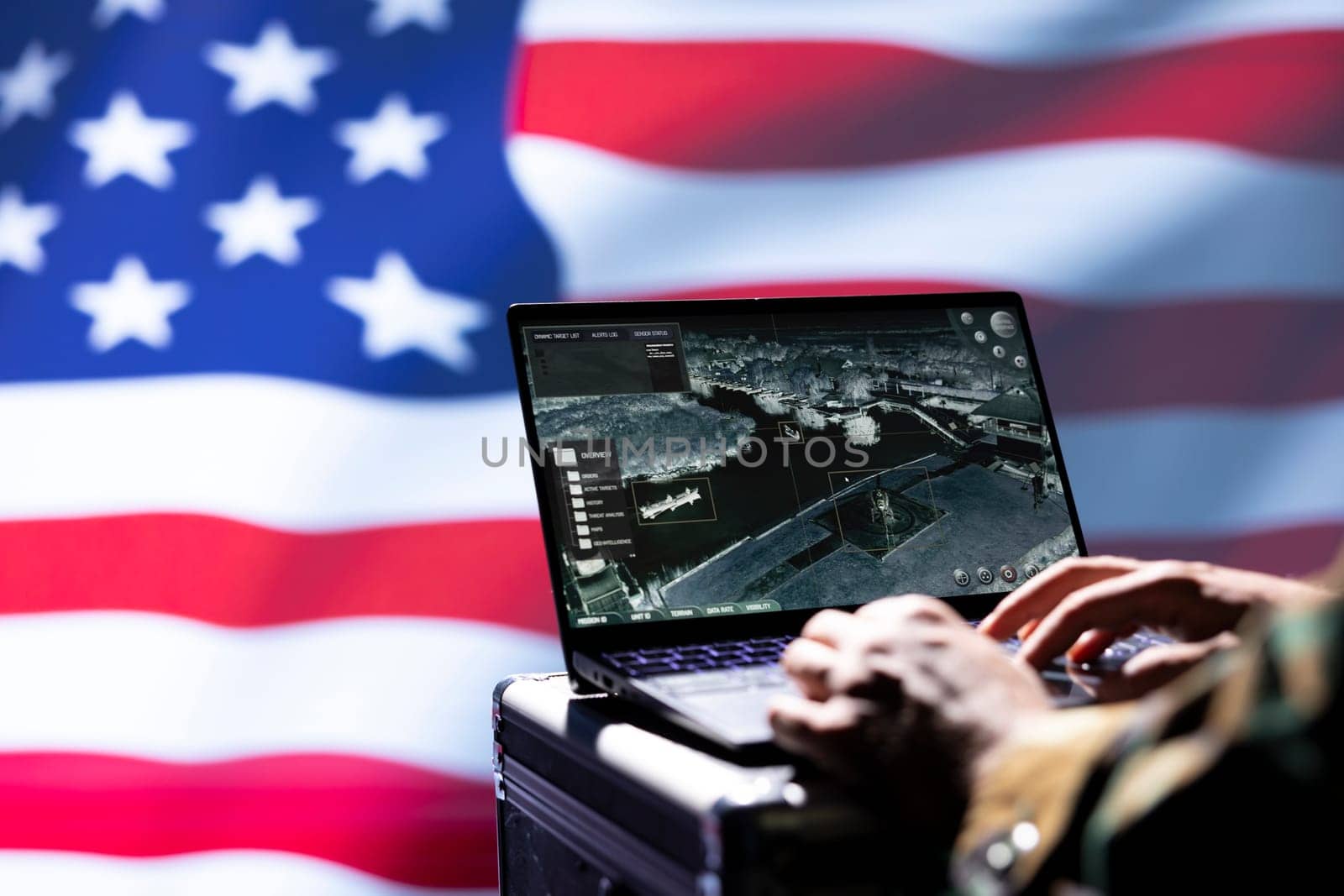 USA CIA agent combating organized crime and terrorism using surveillance system, close up shot. United States Central Intelligence Agency officer protecting national sovereignty
