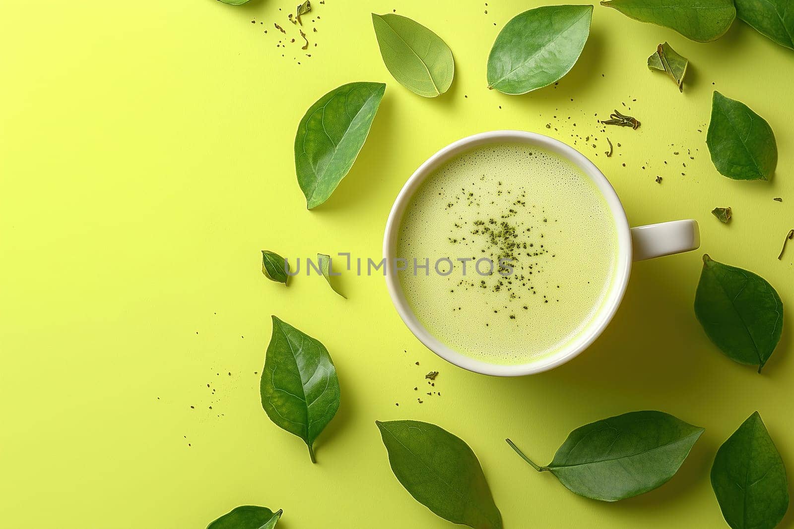 A mug filled with vibrant green tea is placed on a cheerful yellow surface, accompanied by fresh green leaves, creating a refreshing and calming ambiance.