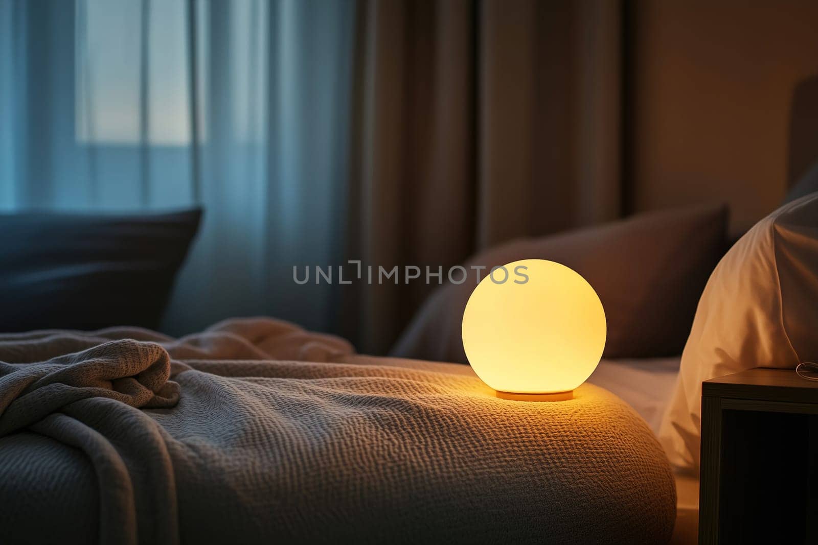 A round lamp emits a warm glow on a bedside table in a cozy bedroom. Soft fabric drapes across the bed, creating a relaxing evening atmosphere.