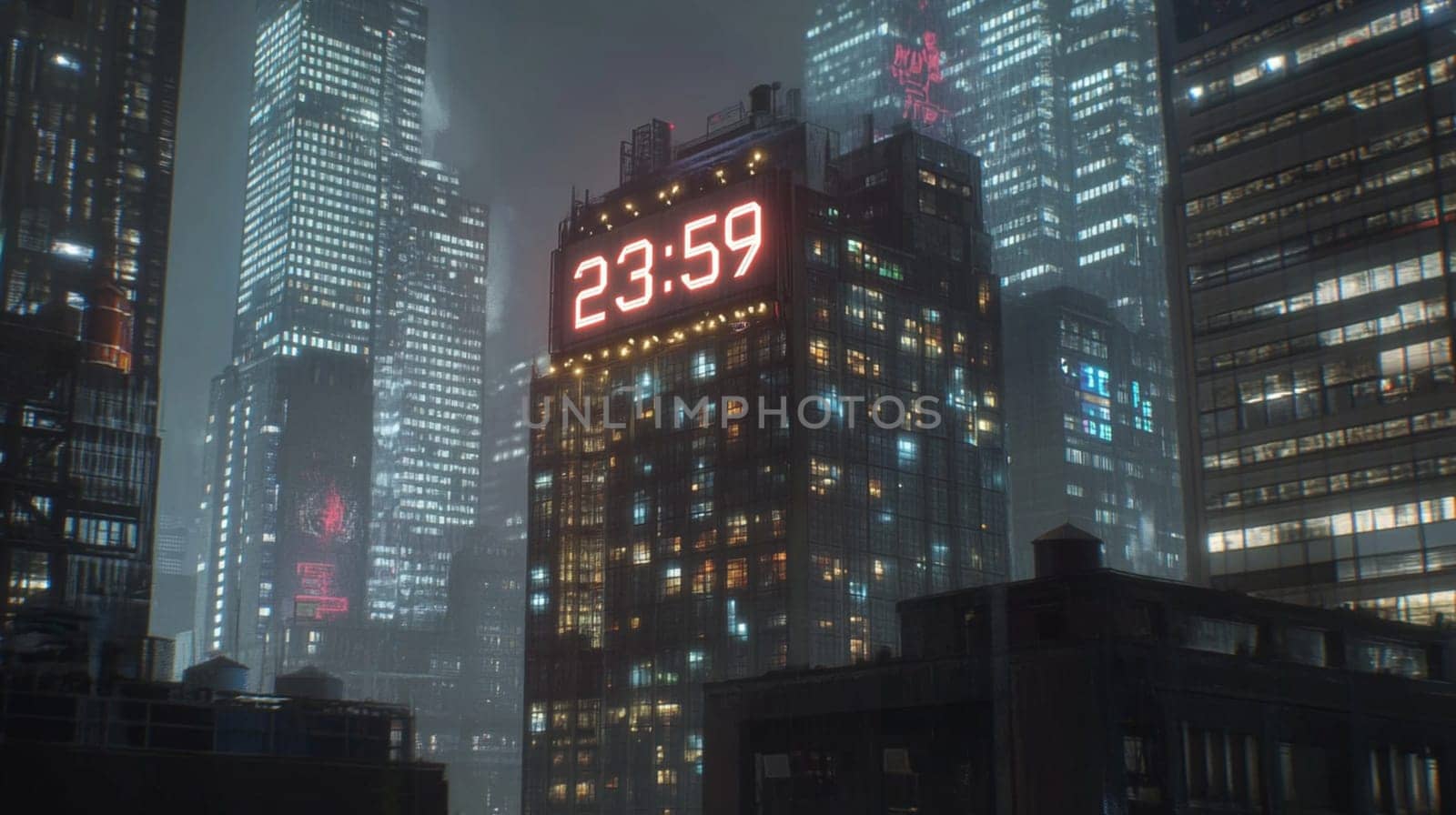 Futuristic cityscape with illuminated skyscrapers at night, one displaying the time 23,59 on a large digital clock. This evokes themes of urban life, technology, and the passage of time