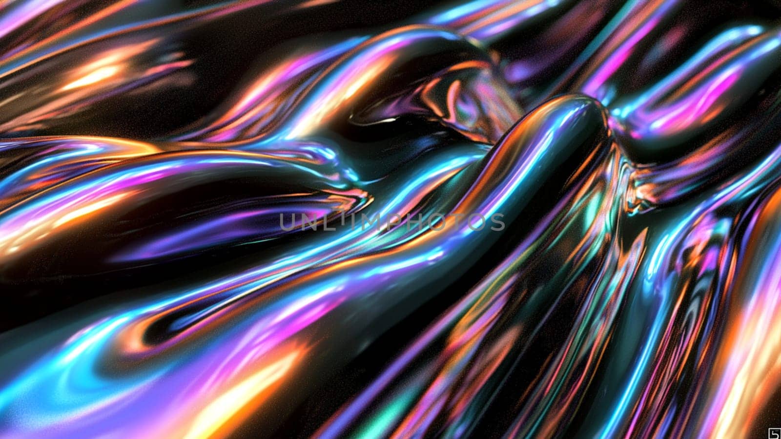Vibrant liquid metal flows in colorful shapes, reflecting light in a mesmerizing way. Smooth, shiny texture creates a modern, dynamic design with a rainbow spectrum of colors