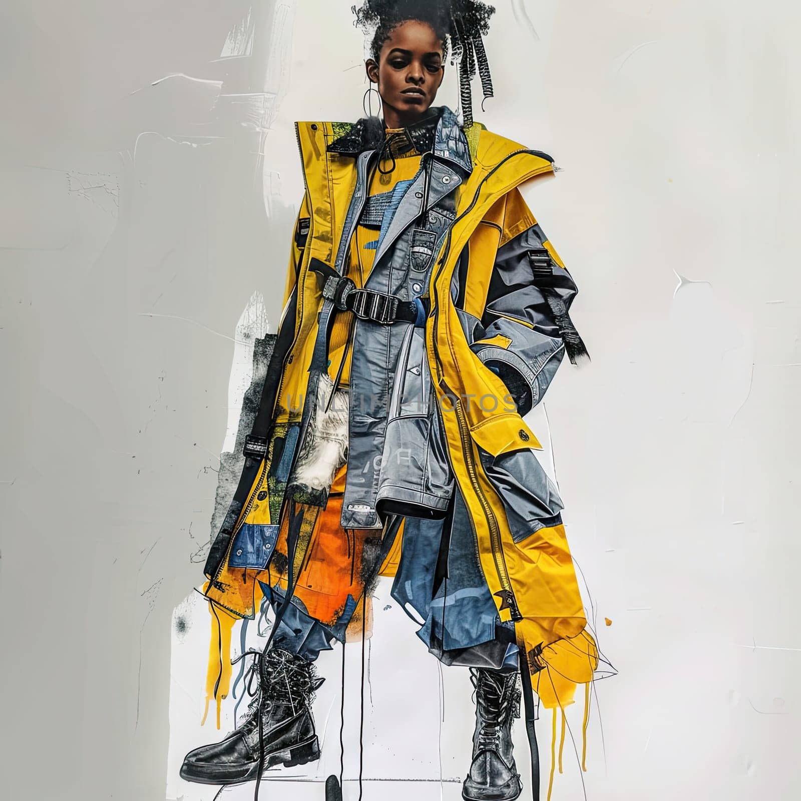 The model confidently poses in a striking oversized coat featuring bright colors and modern design elements while surrounded by an artistic backdrop.