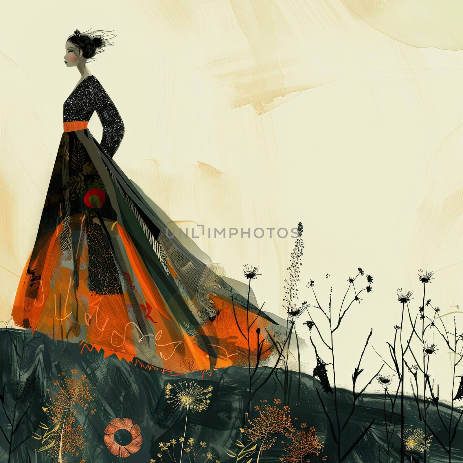 The composition features a model in a striking dress, walking elegantly amidst a quiet landscape filled with delicate plant life during a calm afternoon.