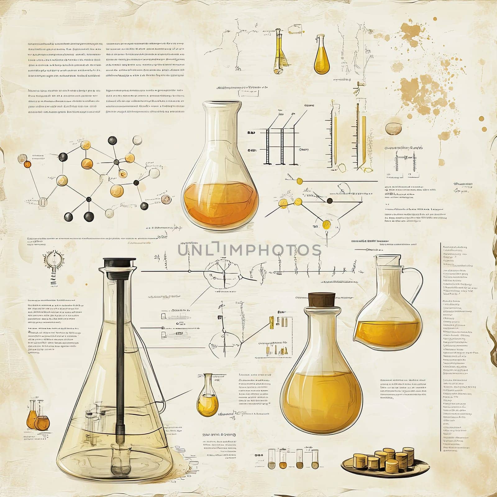 This infographic illustrates various laboratory equipment used in chemical experiments, featuring diagrams and descriptions of processes. Its vintage design enhances its educational appeal.