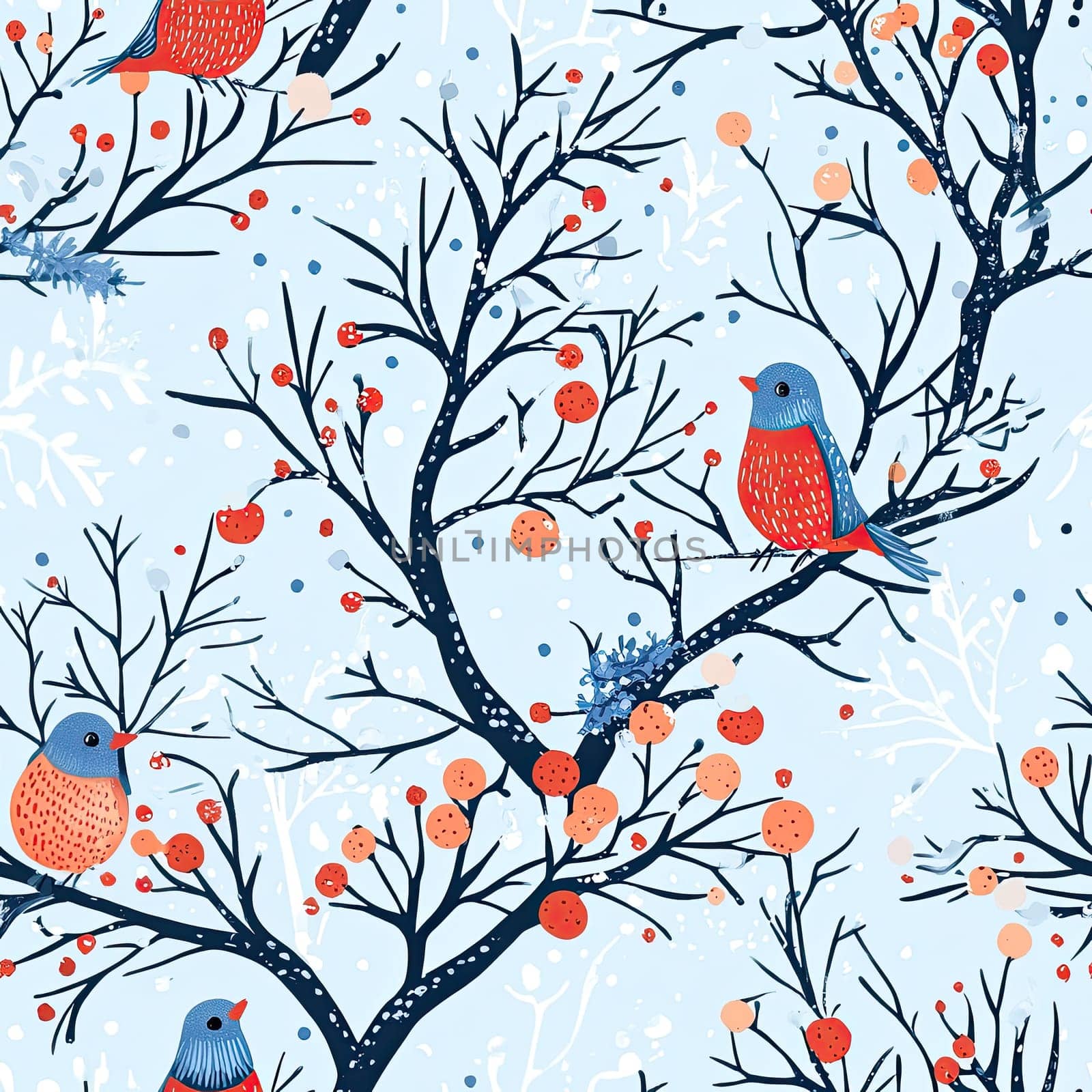 Brightly colored birds are sitting on bare branches surrounded by snowflakes and clusters of berries, creating a vibrant winter atmosphere.