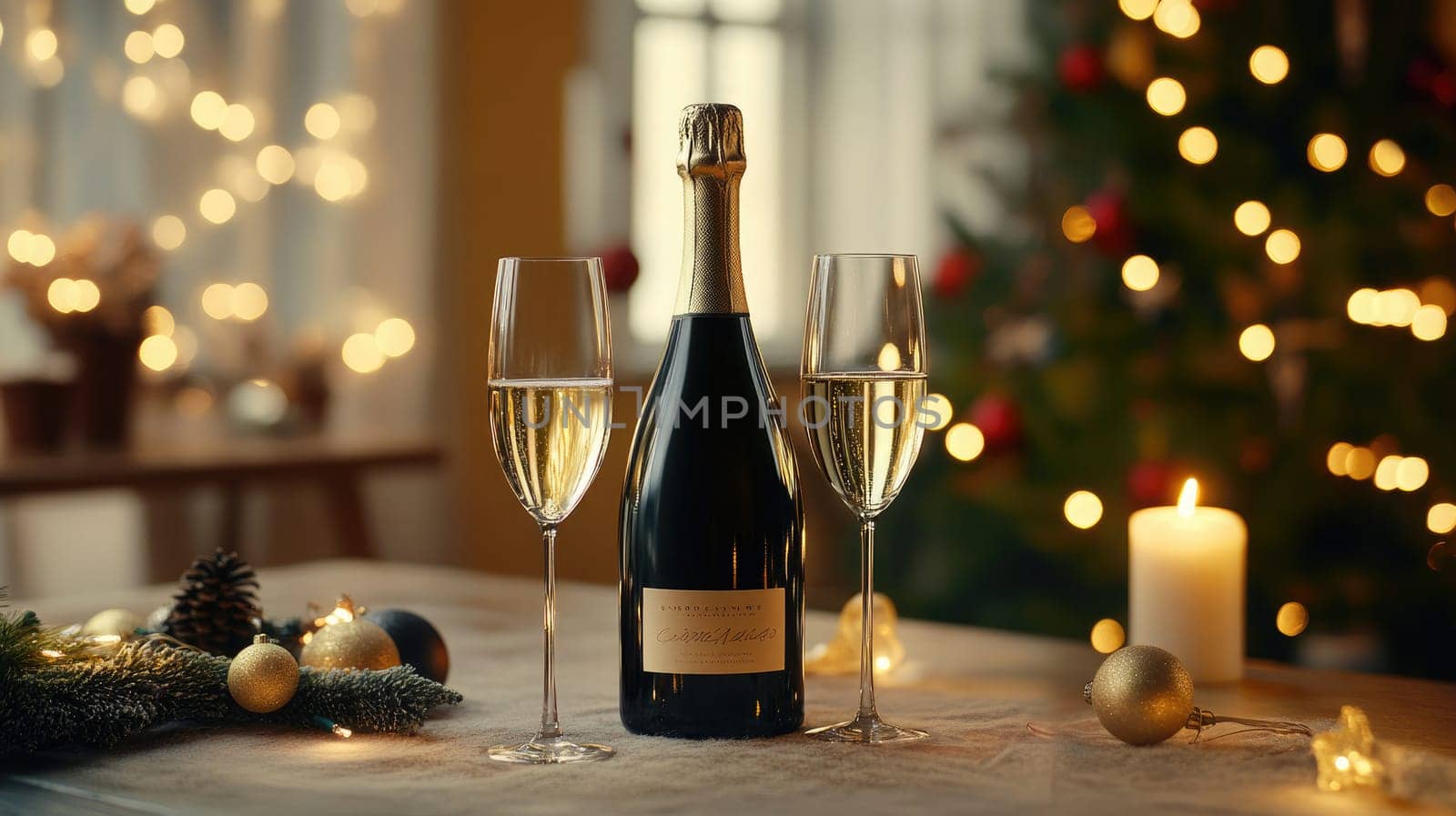 A beautifully arranged holiday table features a bottle of champagne flanked by two glasses, surrounded by candles and festive decorations, all under the warm glow of Christmas lights.